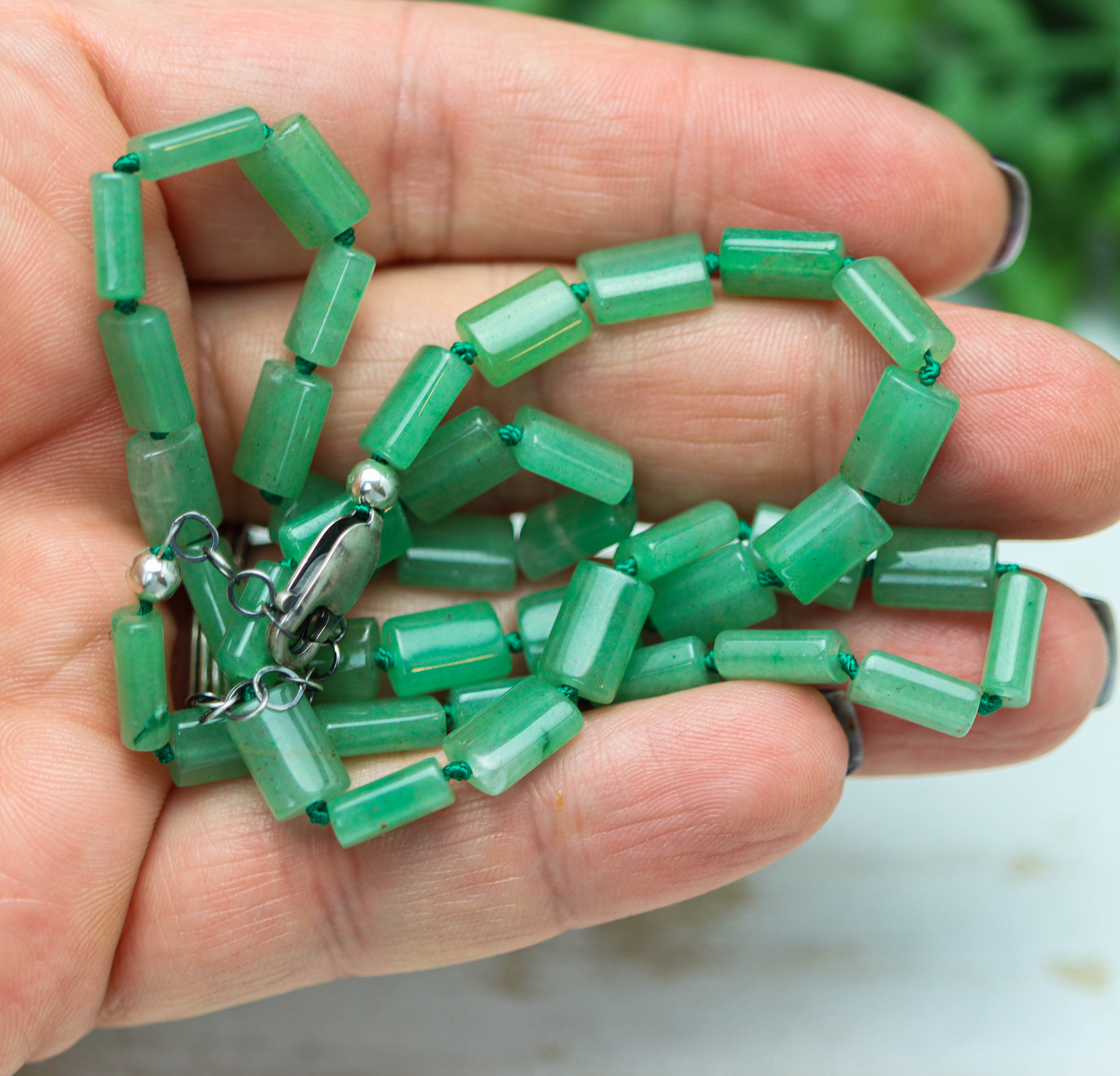 Green Aventurine Hand Knotted Bead Necklace Sterling Silver