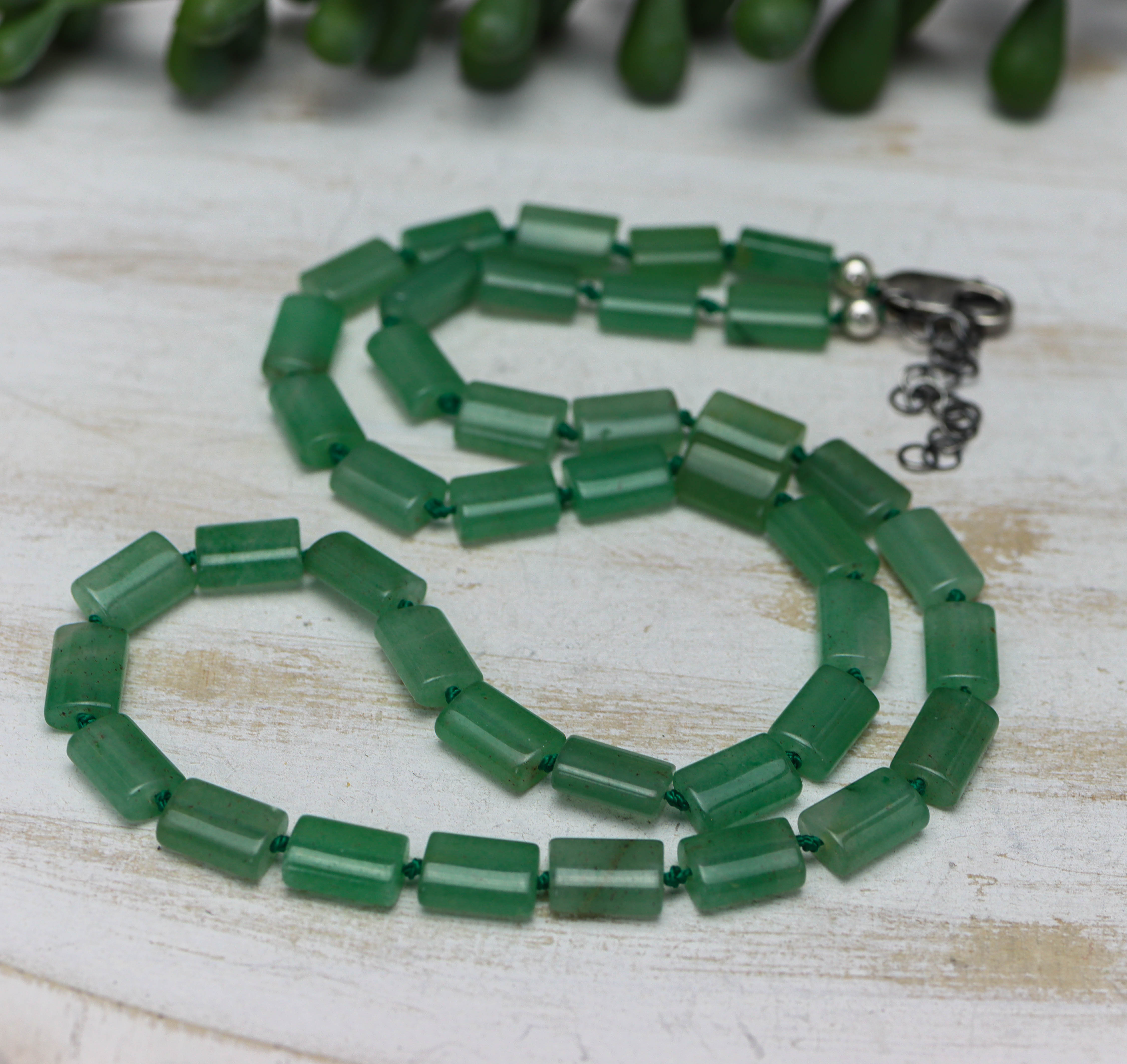 Green Aventurine Hand Knotted Bead Necklace Sterling Silver