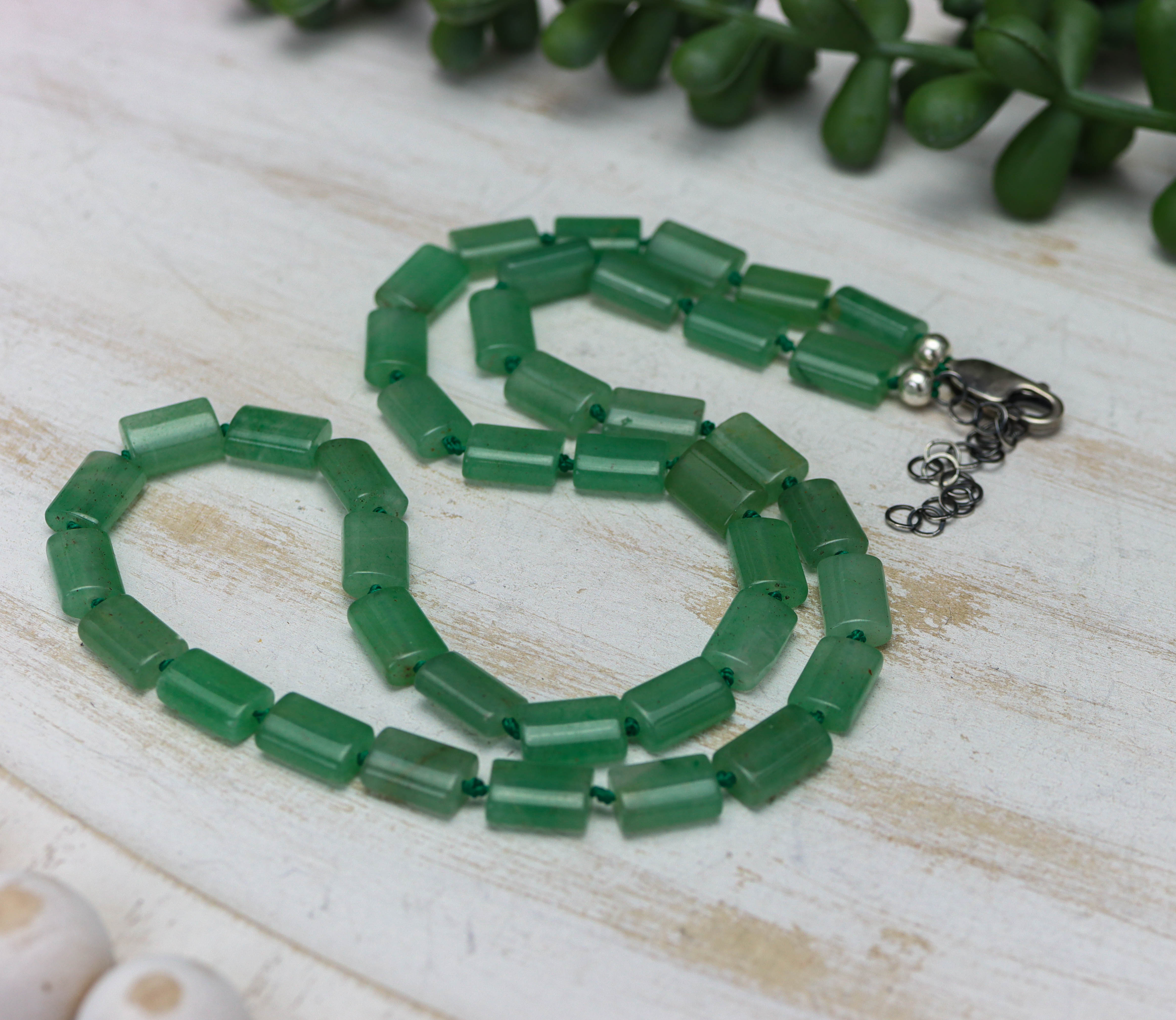 Green Aventurine Hand Knotted Bead Necklace Sterling Silver