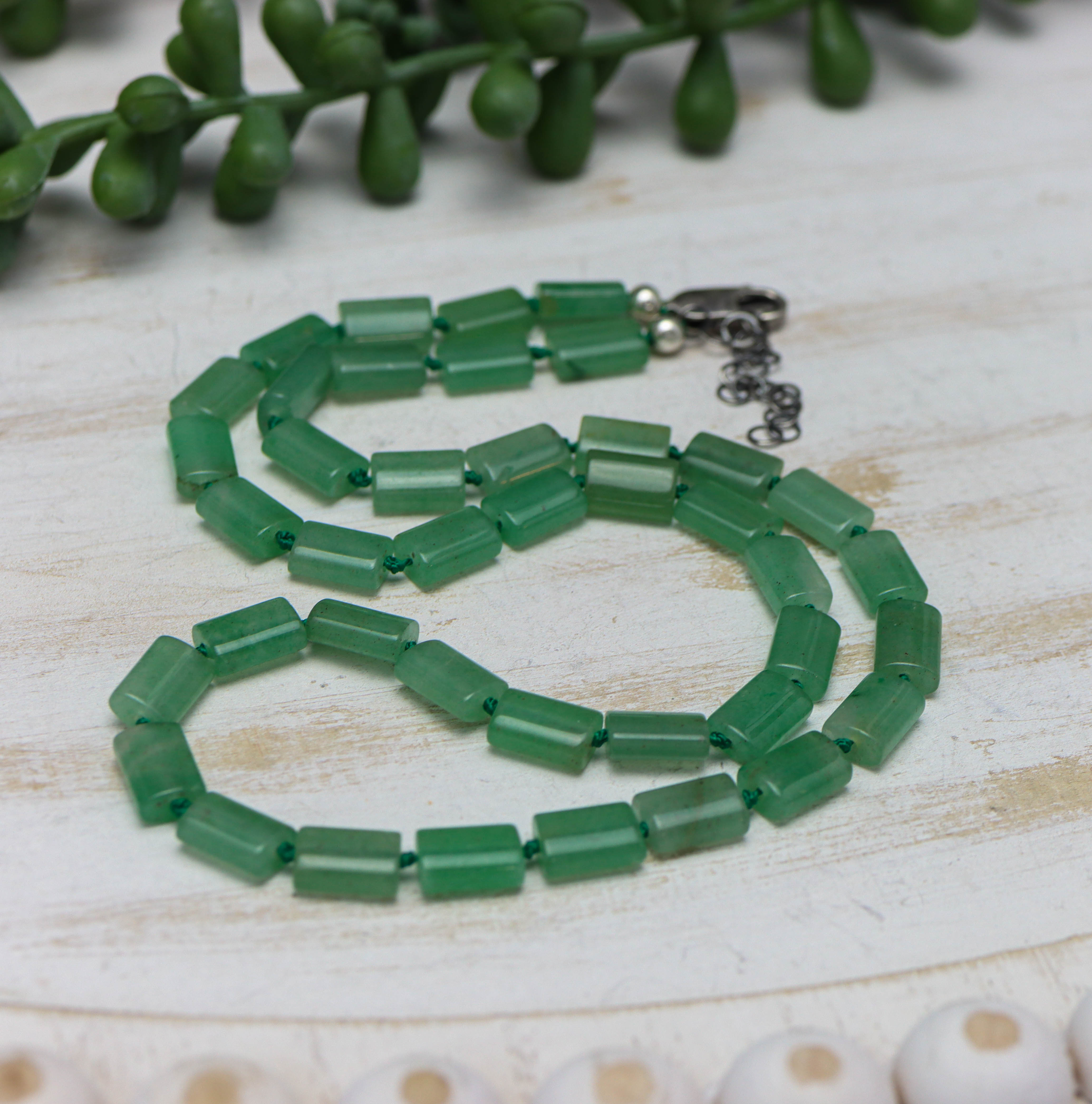 Green Aventurine Hand Knotted Bead Necklace Sterling Silver
