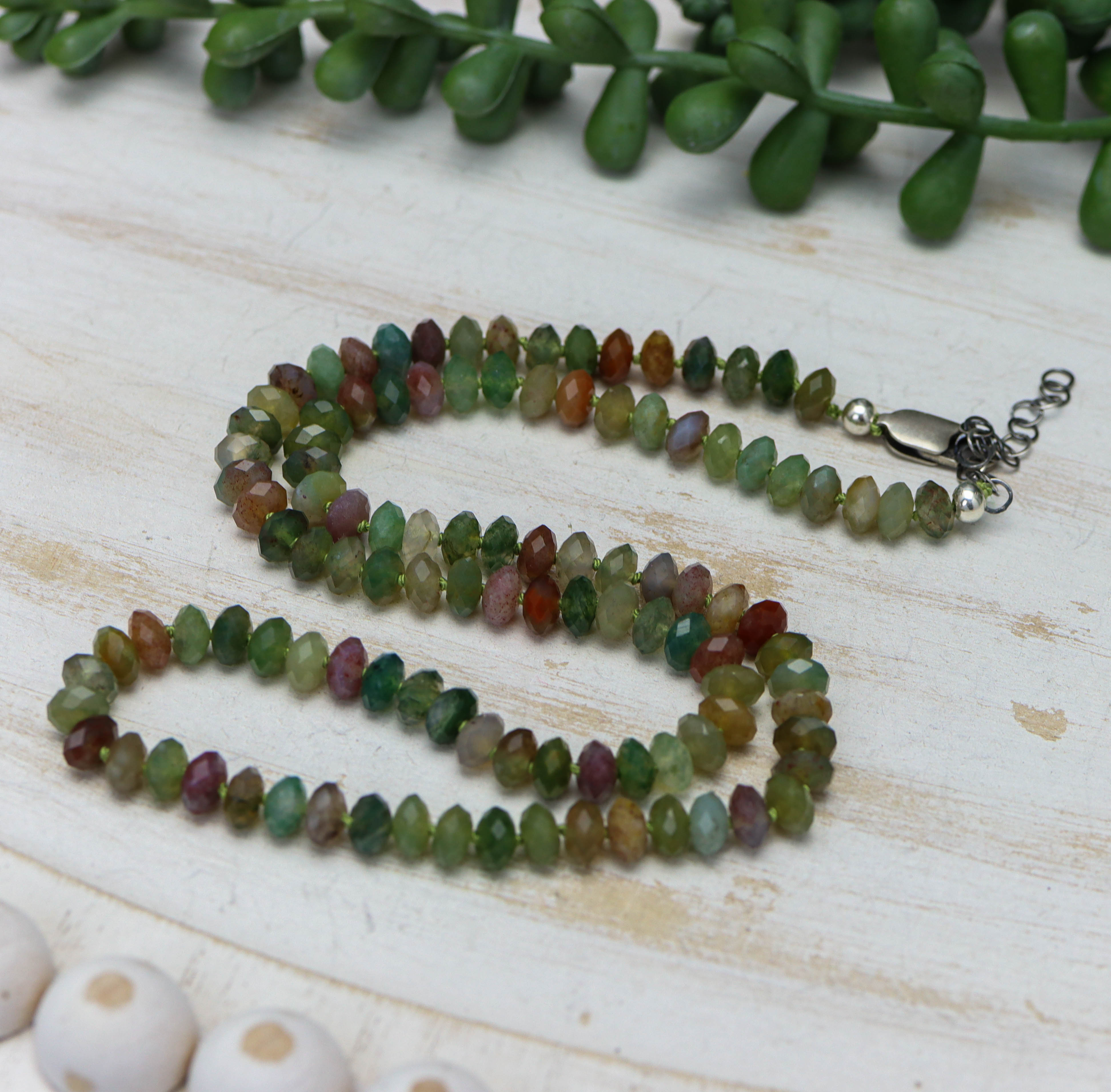 Indian Agate Hand Knotted Bead Necklace Sterling Silver