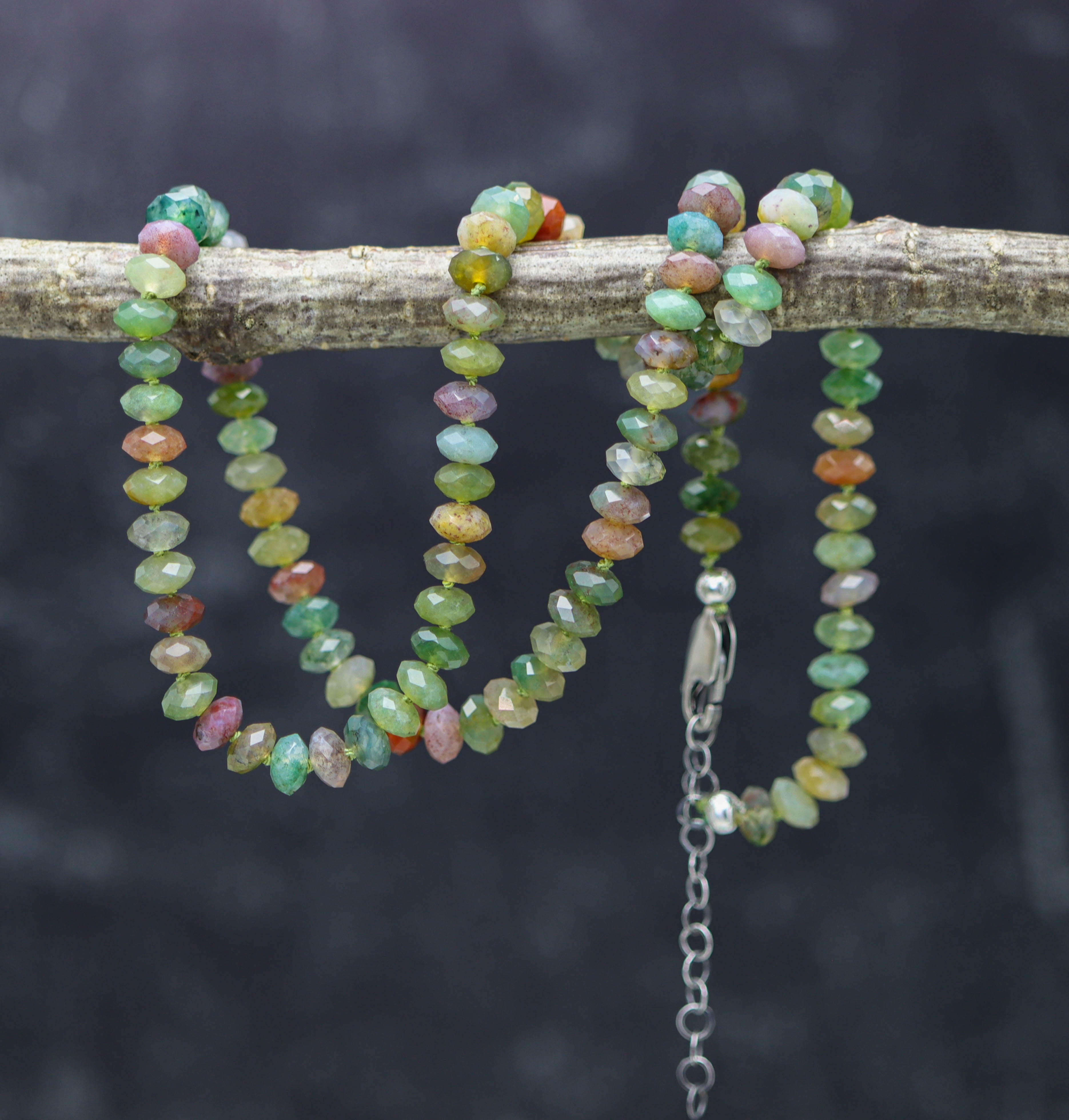 Indian Agate Hand Knotted Bead Necklace Sterling Silver