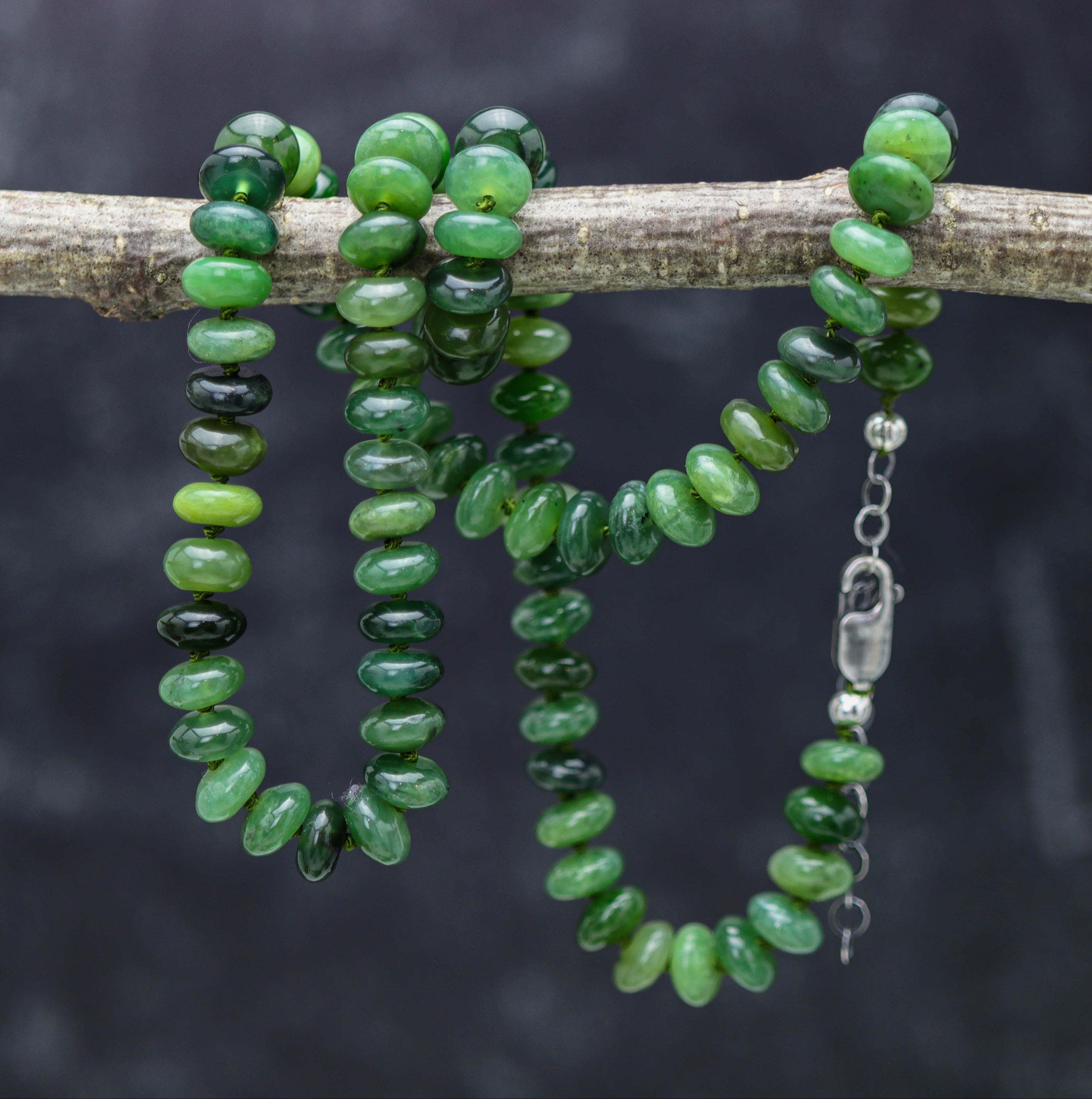 Siberian Green Jade Hand Knotted Bead Necklace Sterling Silver