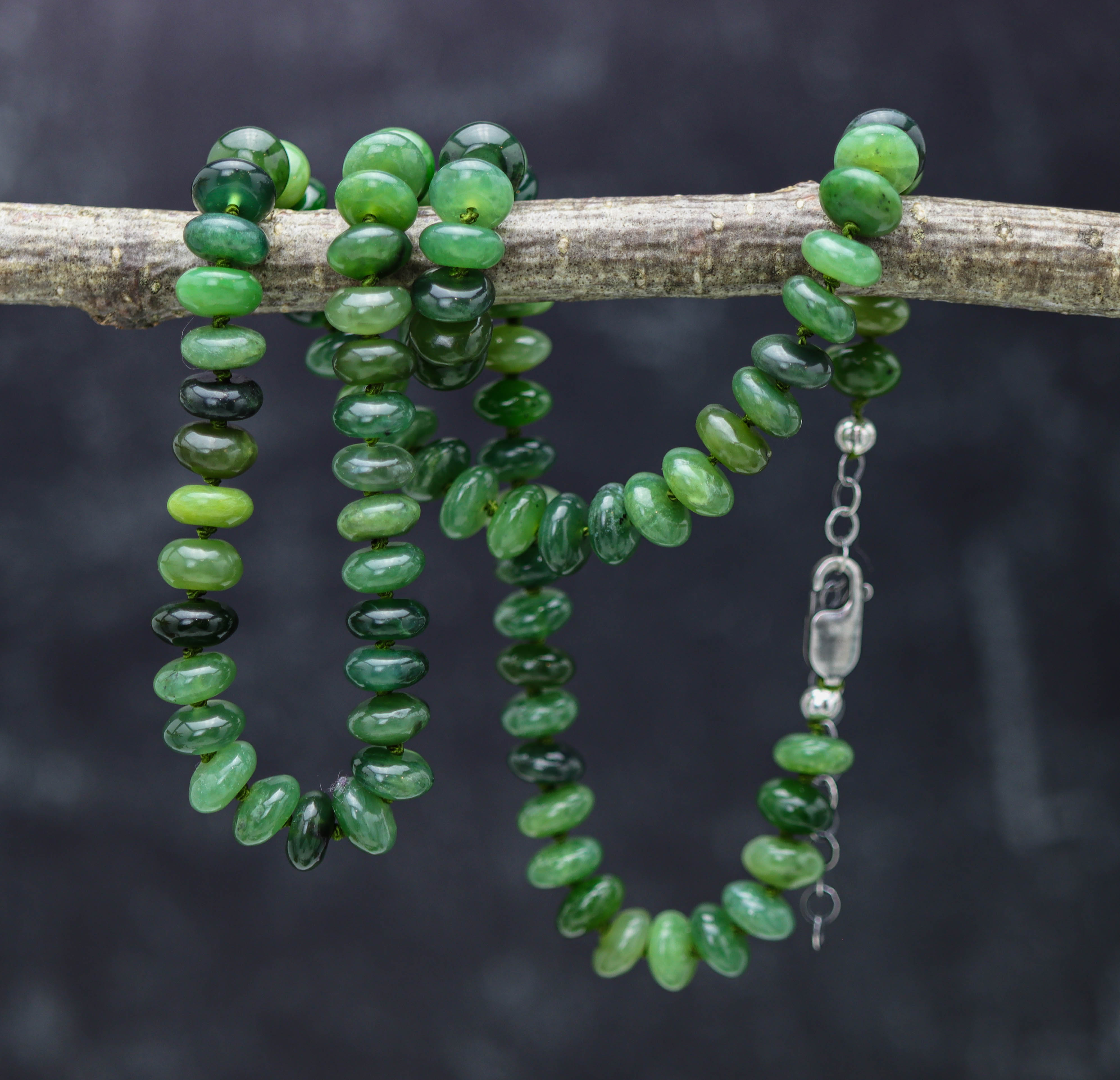 Siberian Green Jade Hand Knotted Bead Necklace Sterling Silver