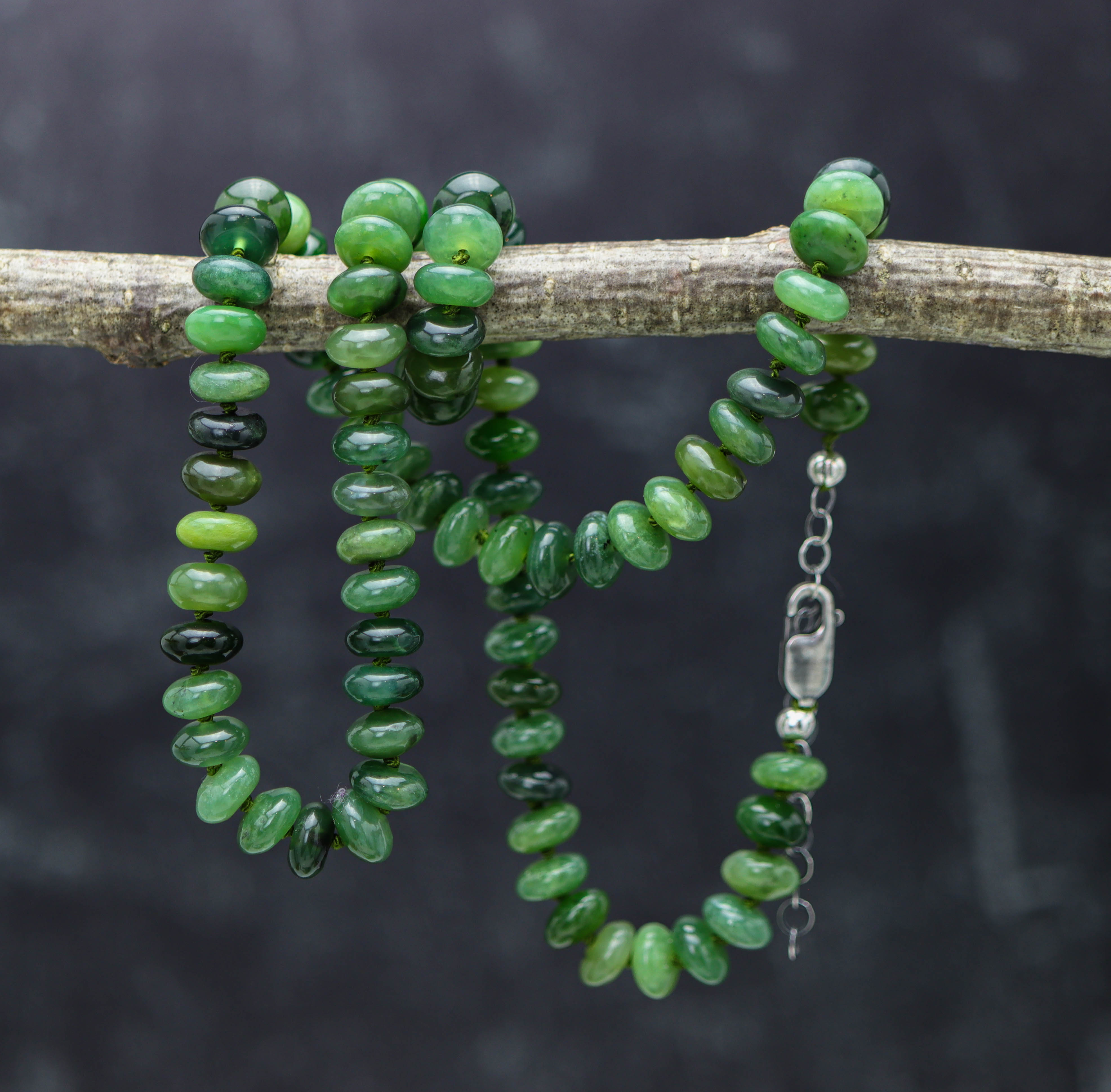 Siberian Green Jade Hand Knotted Bead Necklace Sterling Silver