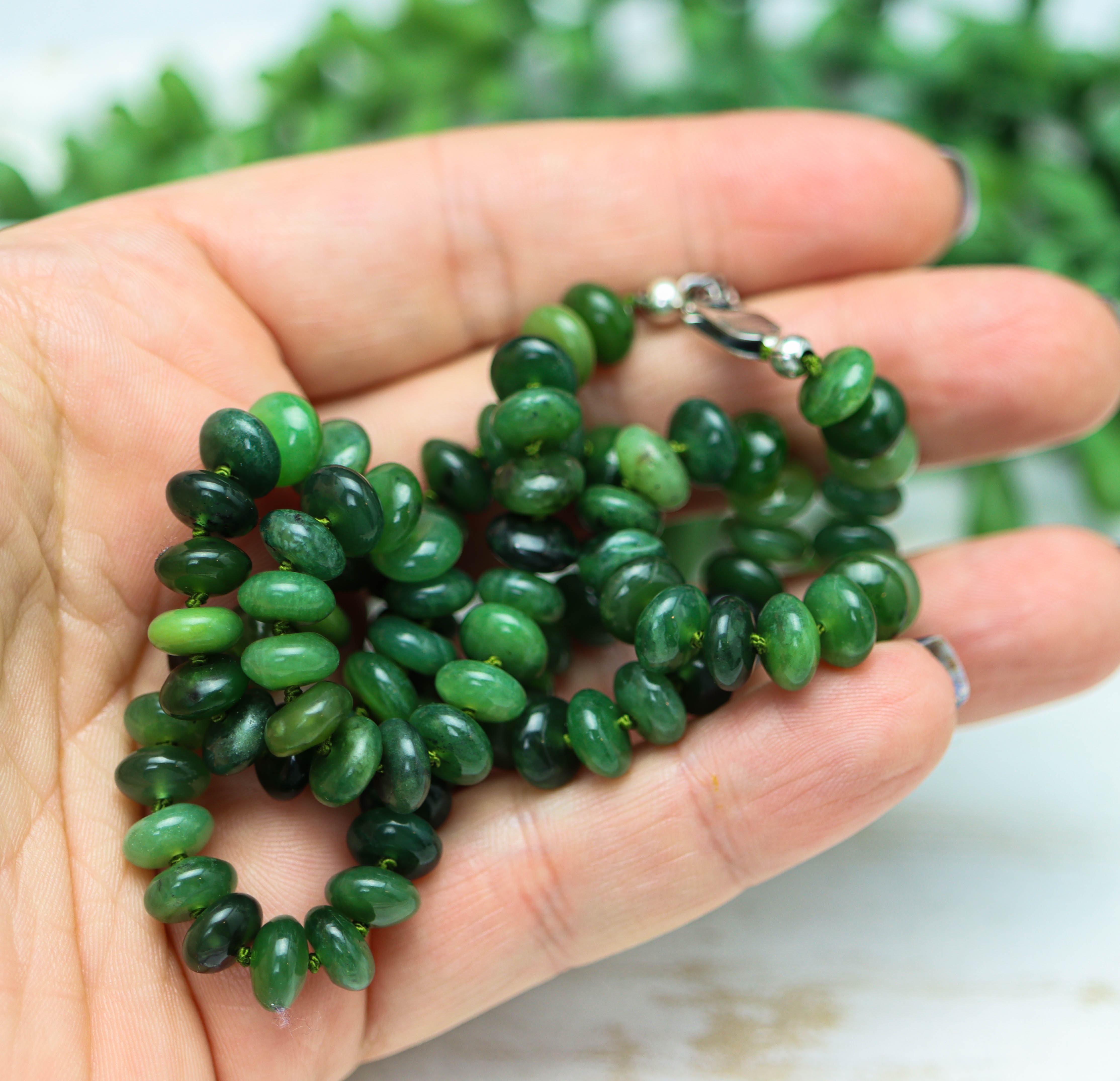 Siberian Green Jade Hand Knotted Bead Necklace Sterling Silver