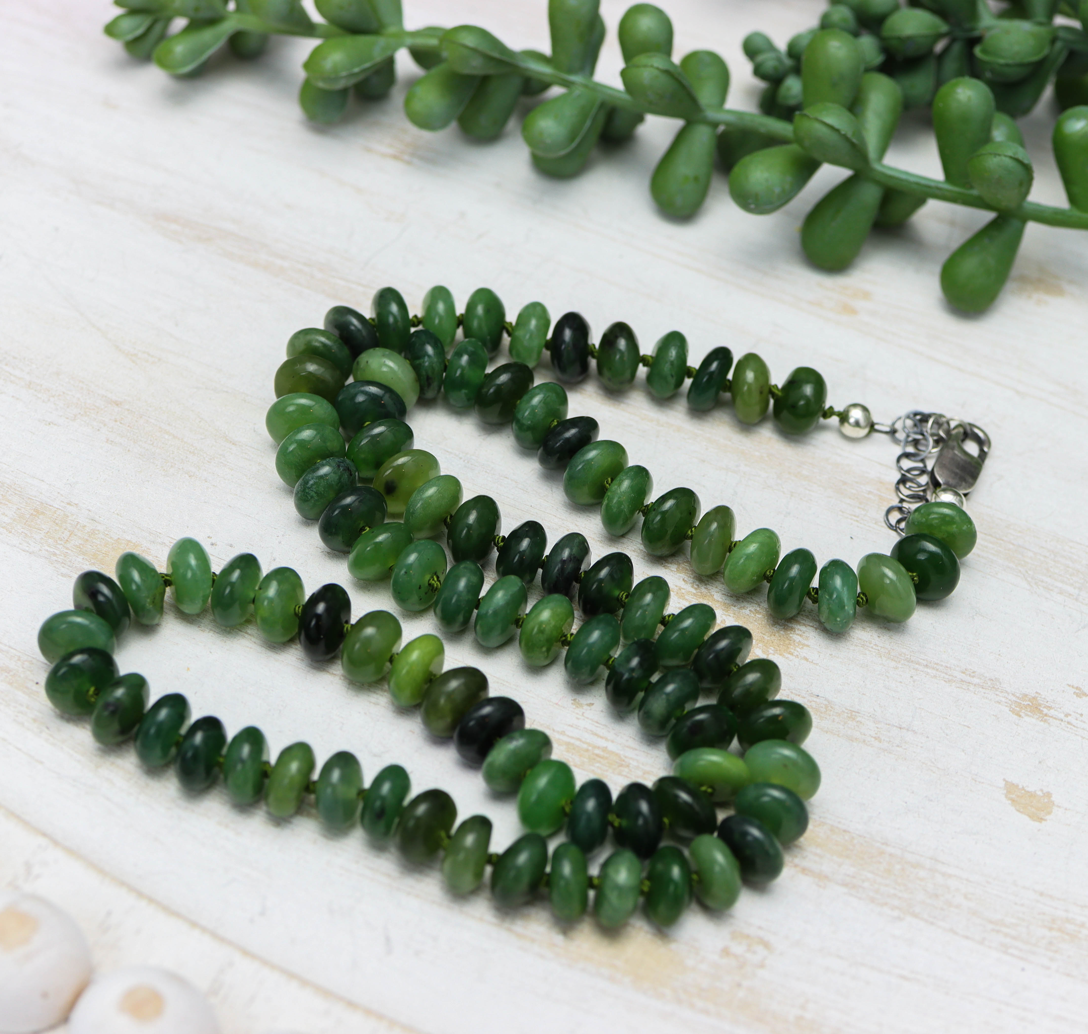 Siberian Green Jade Hand Knotted Bead Necklace Sterling Silver