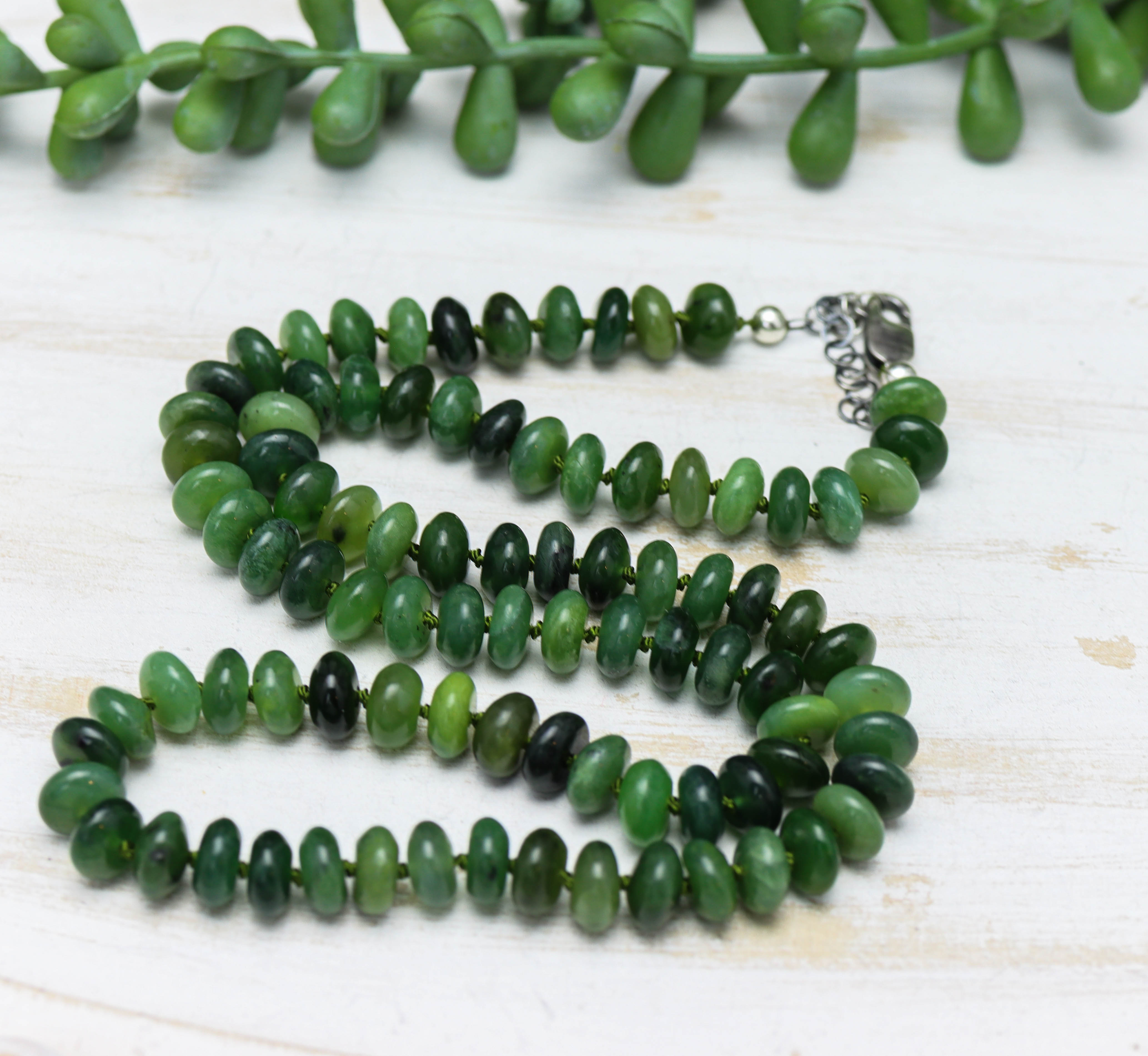 Siberian Green Jade Hand Knotted Bead Necklace Sterling Silver