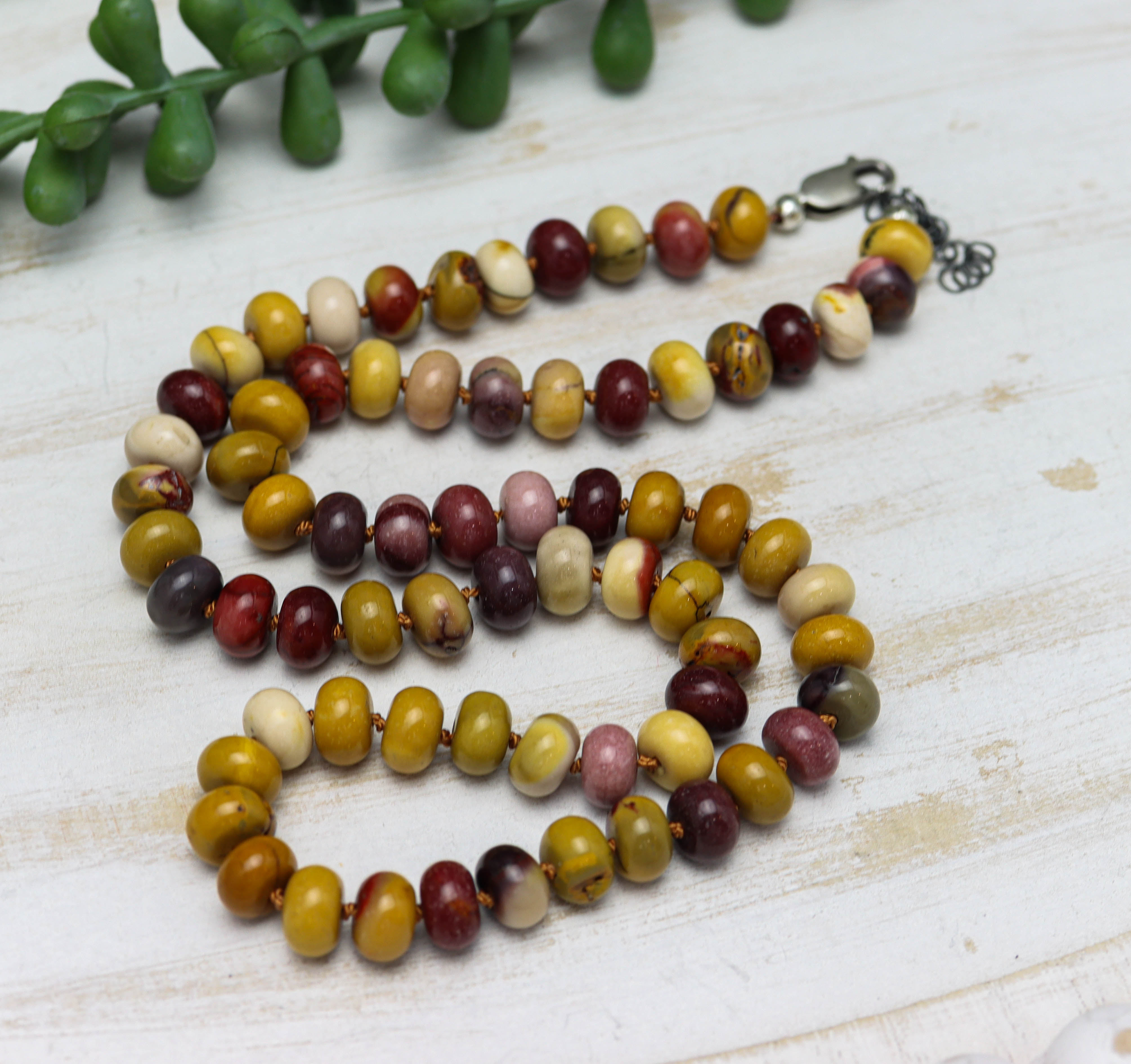 Mookaite Jasper Hand Knotted Bead Necklace Sterling Silver