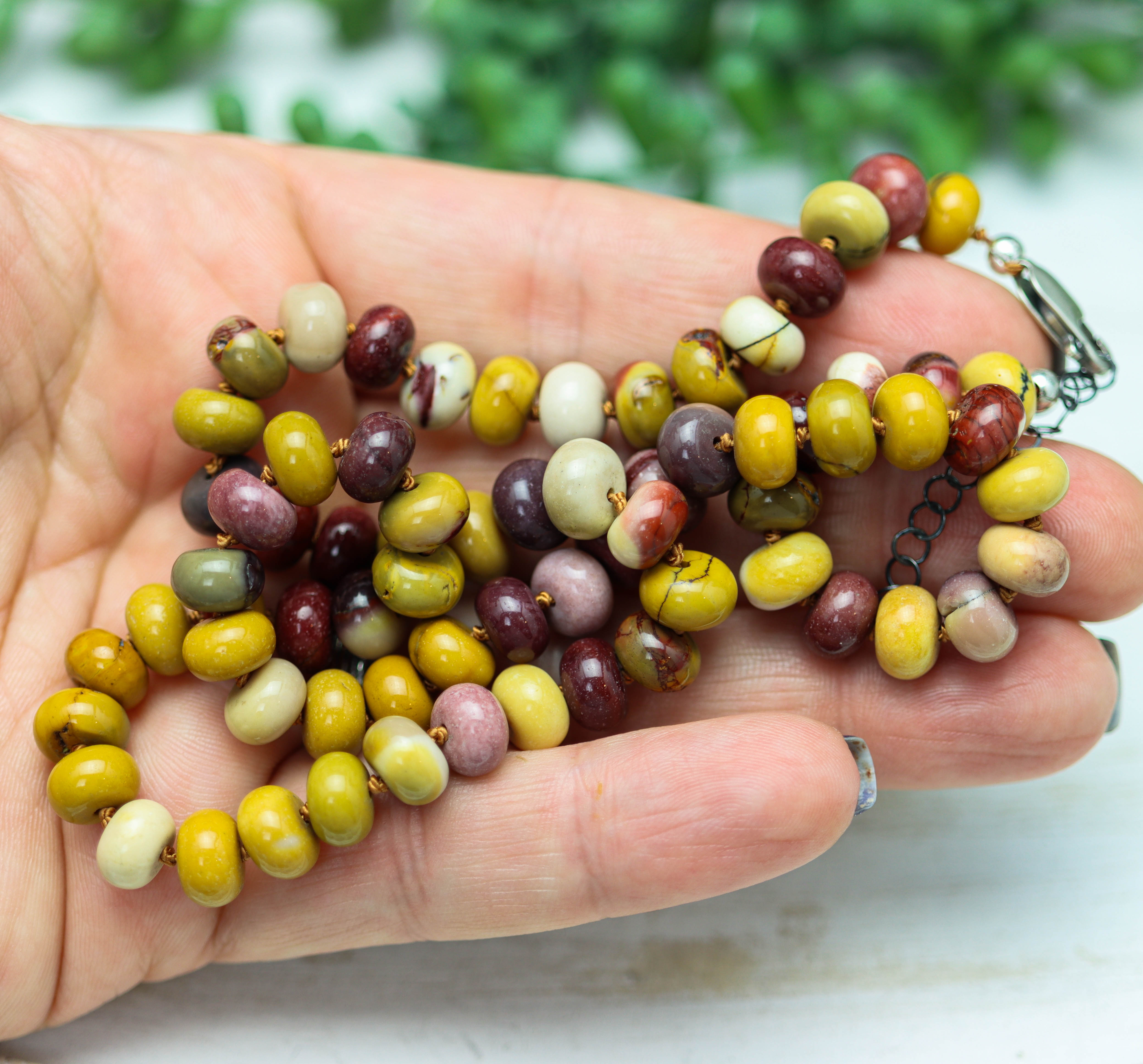 Mookaite Jasper Hand Knotted Bead Necklace Sterling Silver