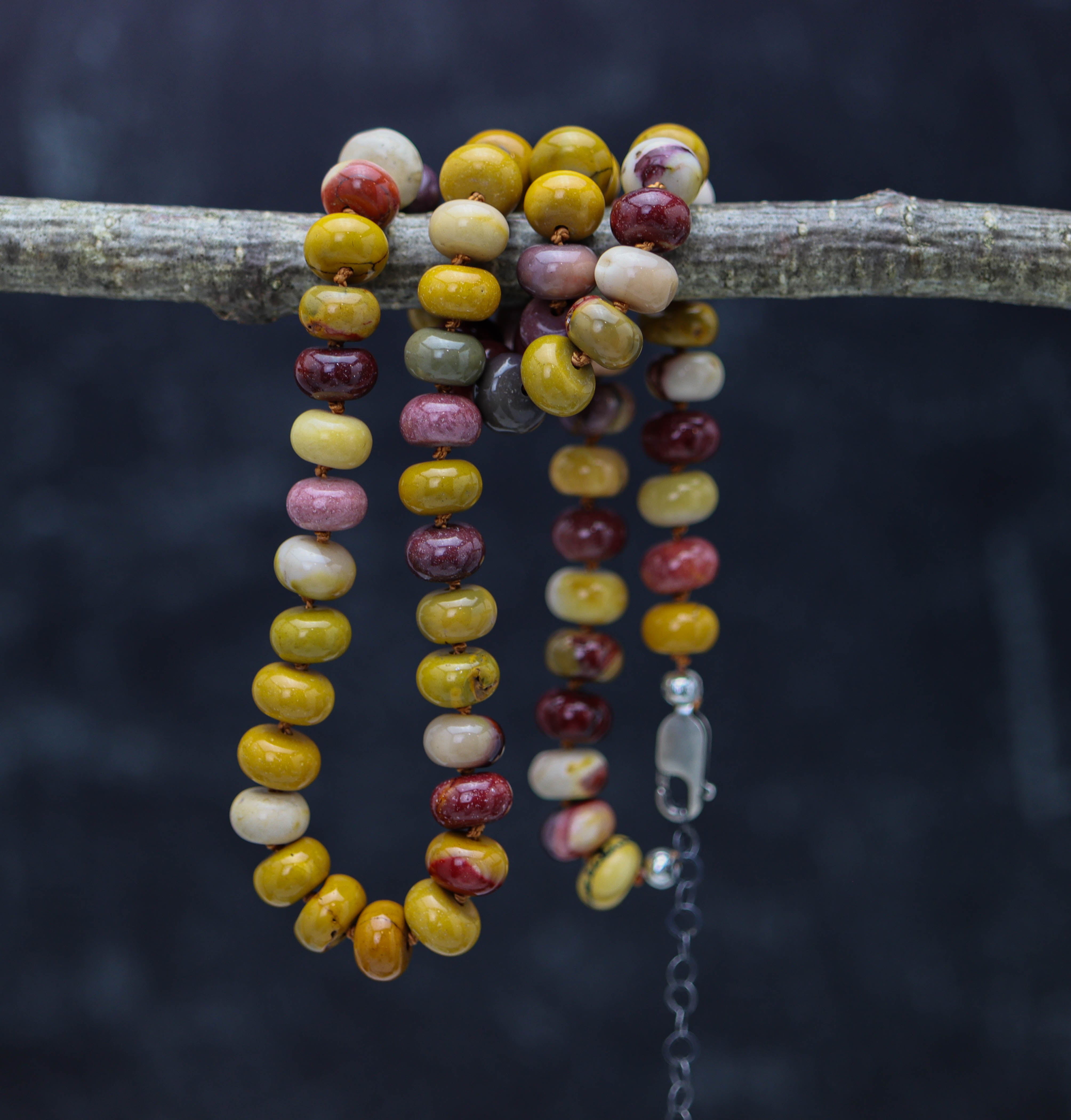 Mookaite Jasper Hand Knotted Bead Necklace Sterling Silver