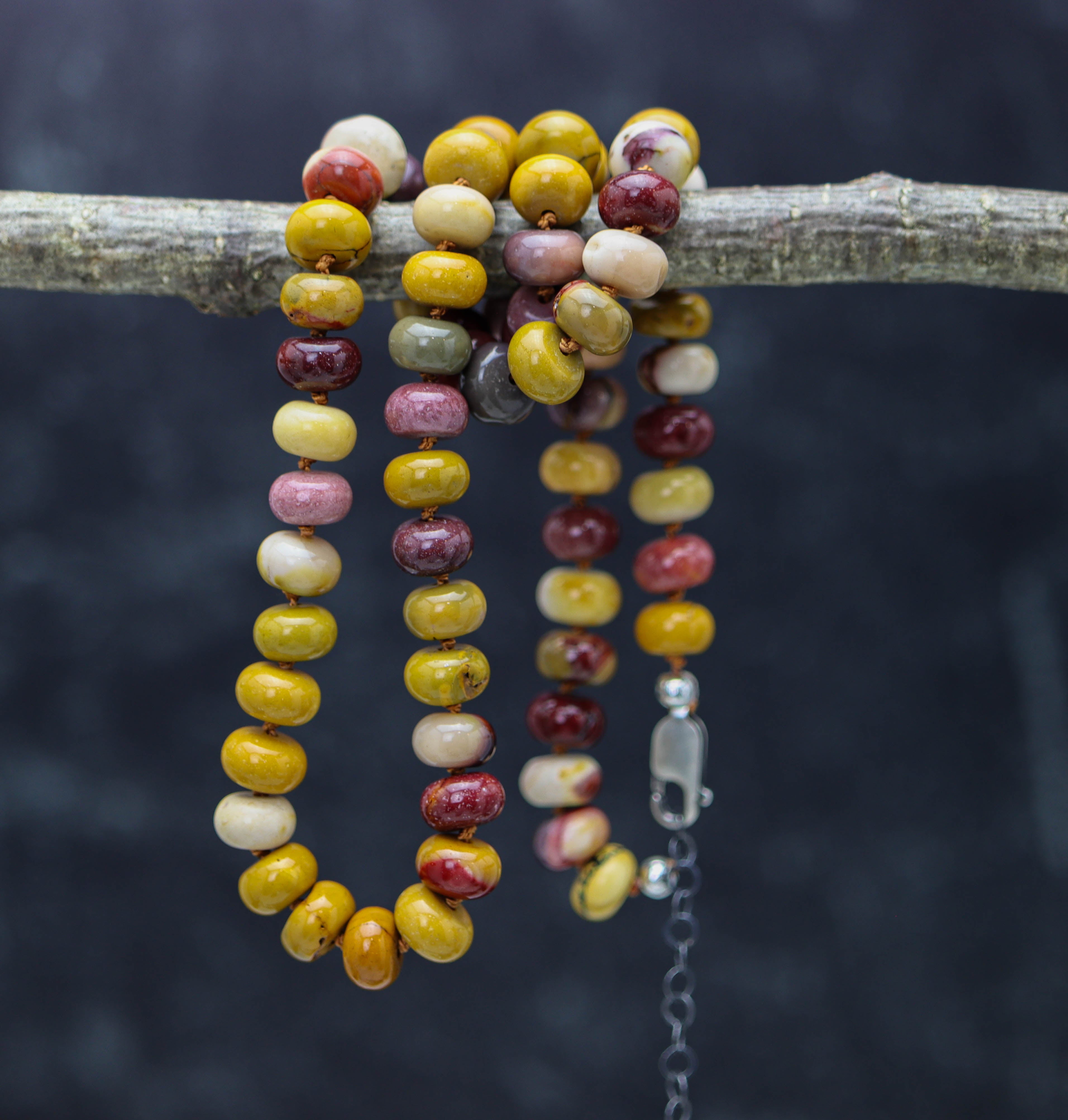 Mookaite Jasper Hand Knotted Bead Necklace Sterling Silver