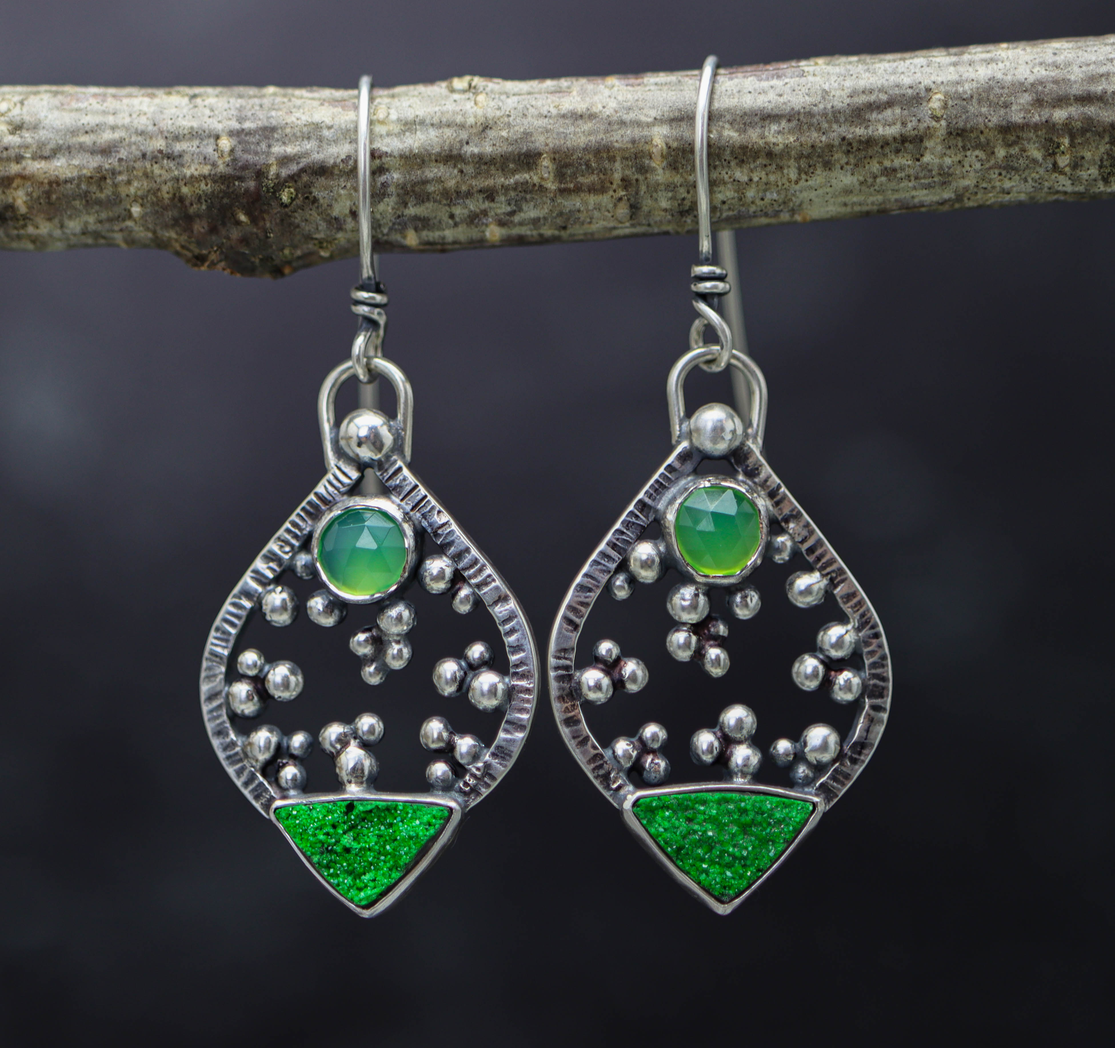 Chrysoprase and Uvarovite Garnet Earrings in Sterling Silver