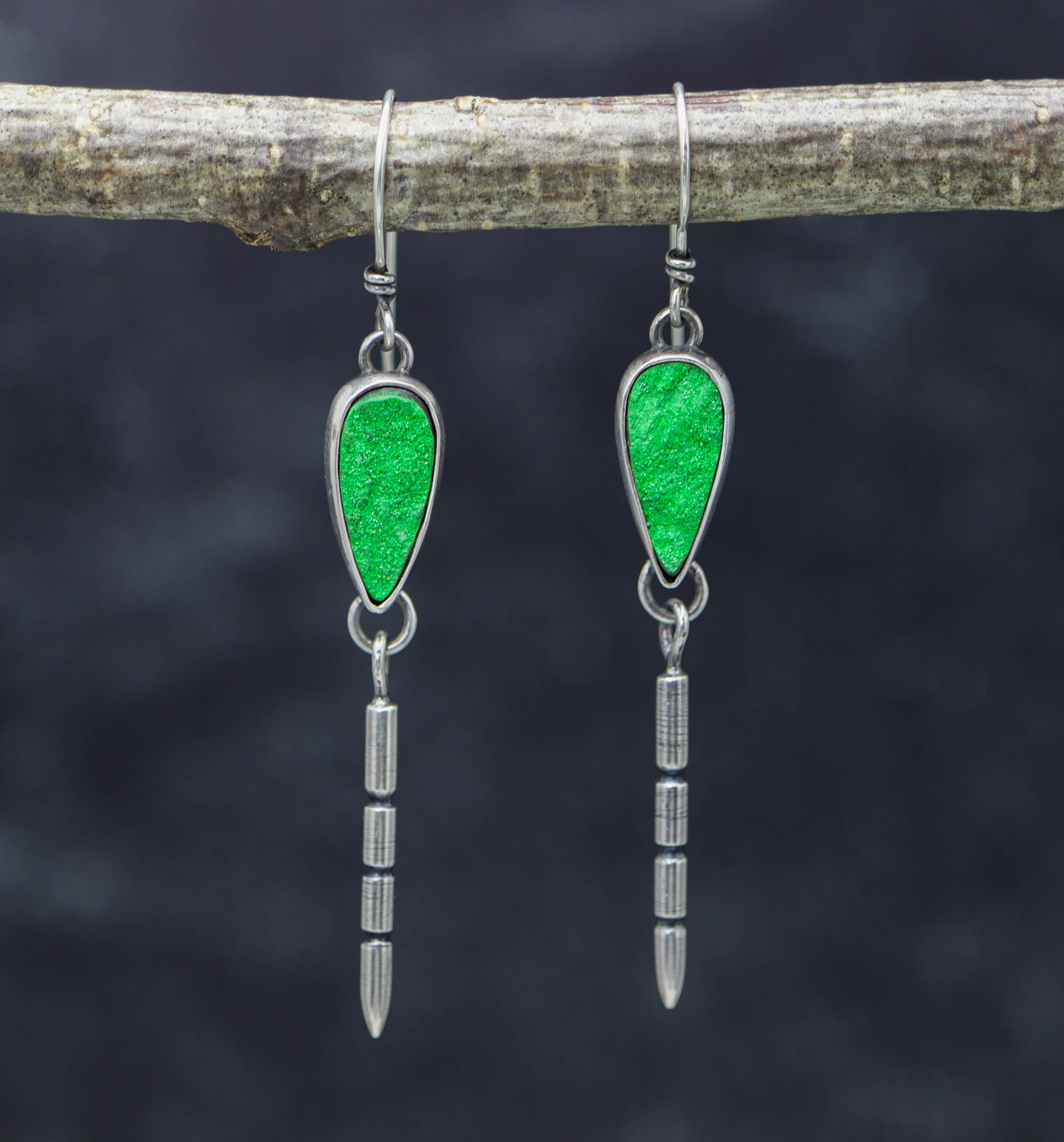 Uvarovite Druzy & Carved Spike Earrings in Sterling Silver