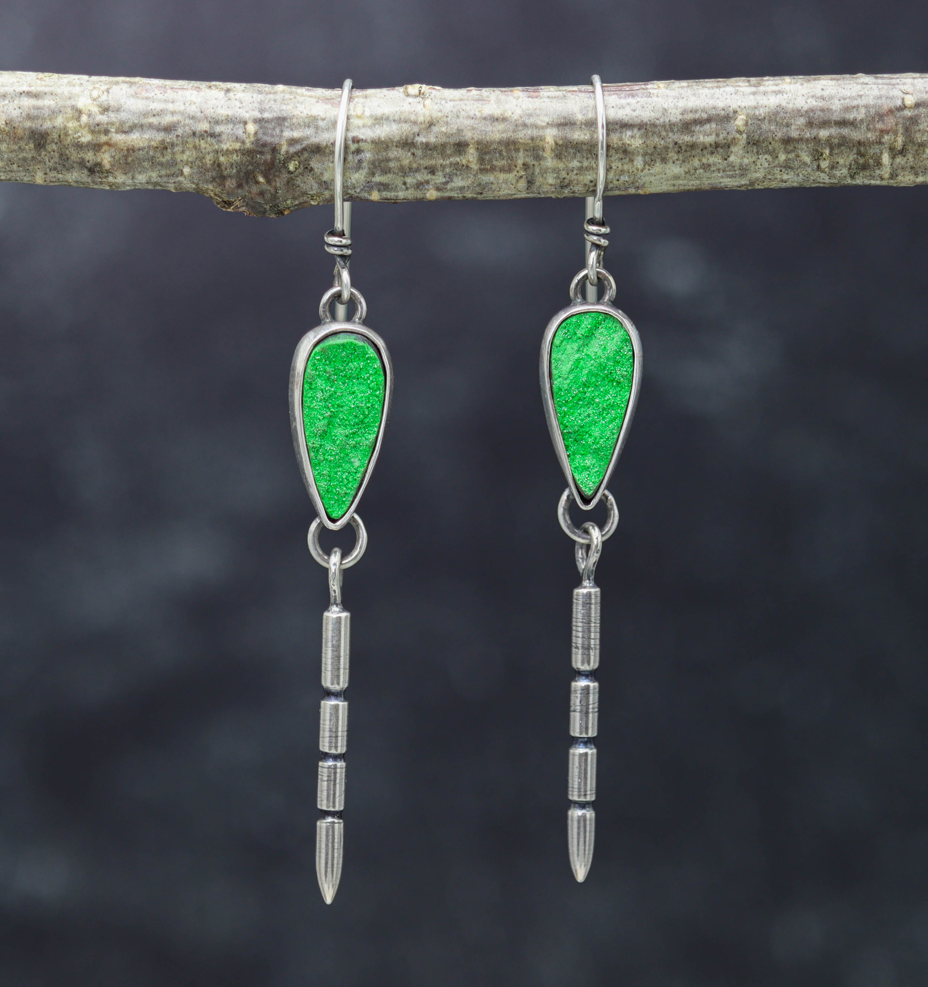 Uvarovite Druzy & Carved Spike Earrings in Sterling Silver