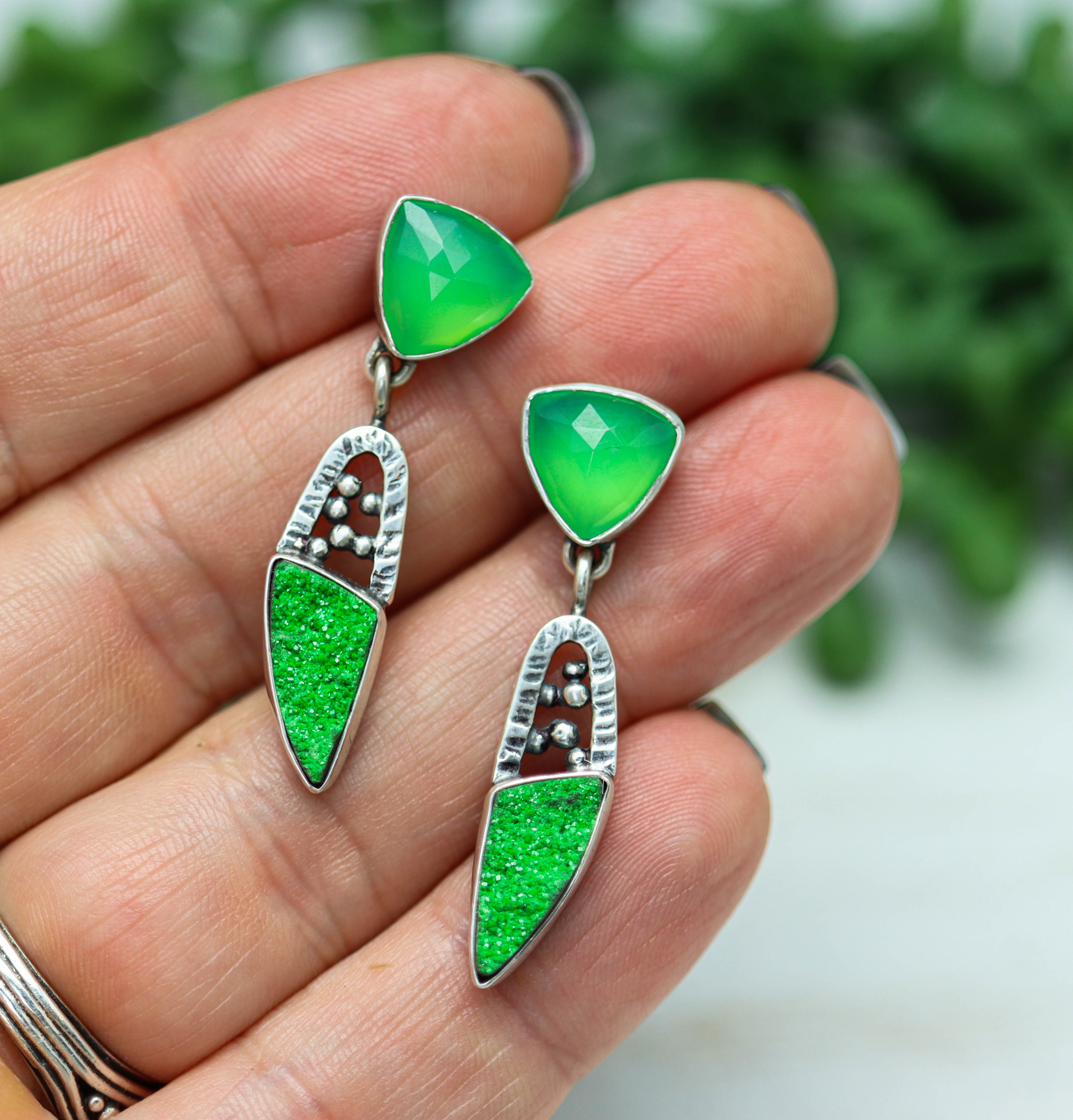 Chrysoprase and Uvarovite Garnet Earrings in Sterling Silver