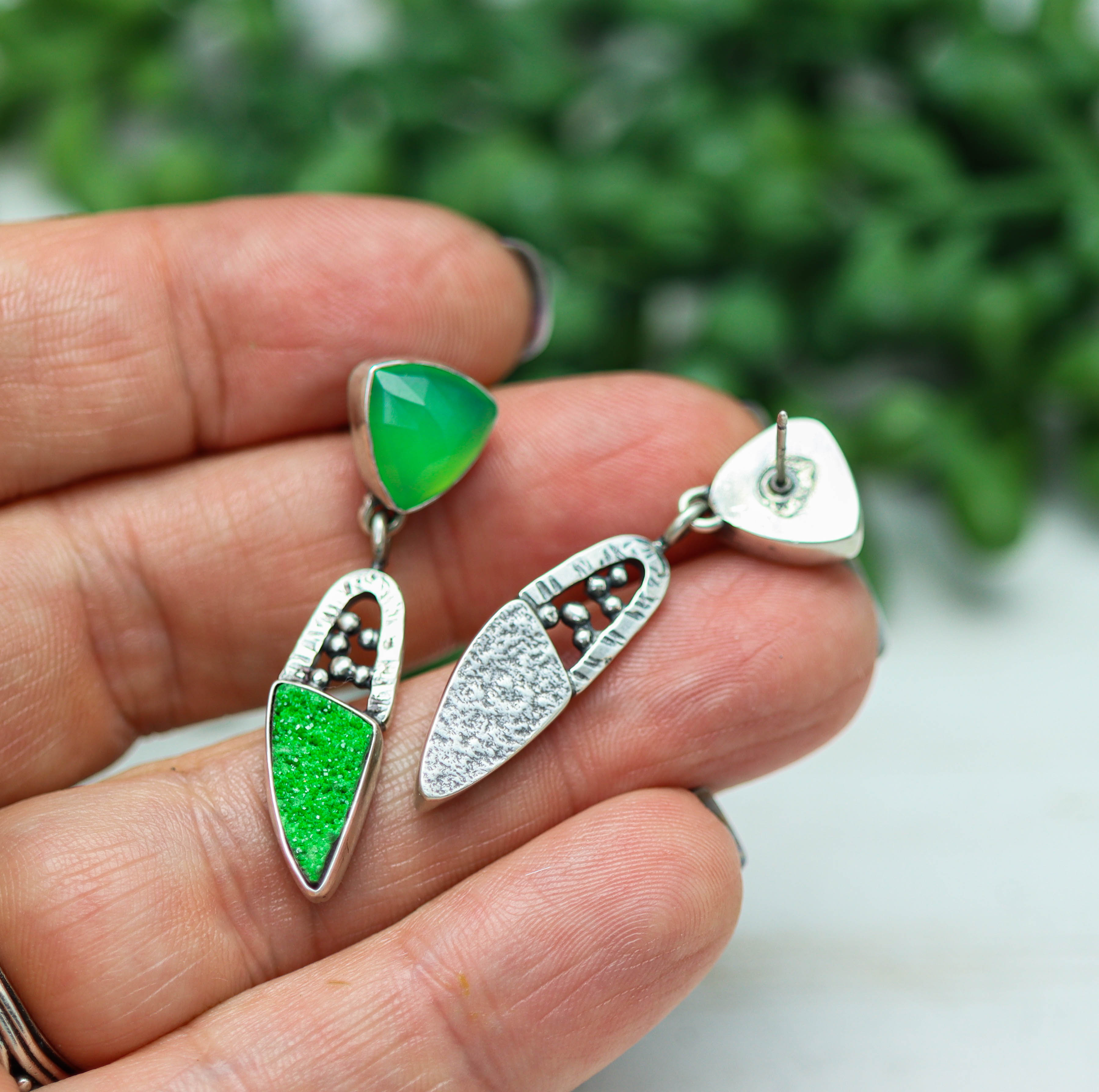 Chrysoprase and Uvarovite Garnet Earrings in Sterling Silver