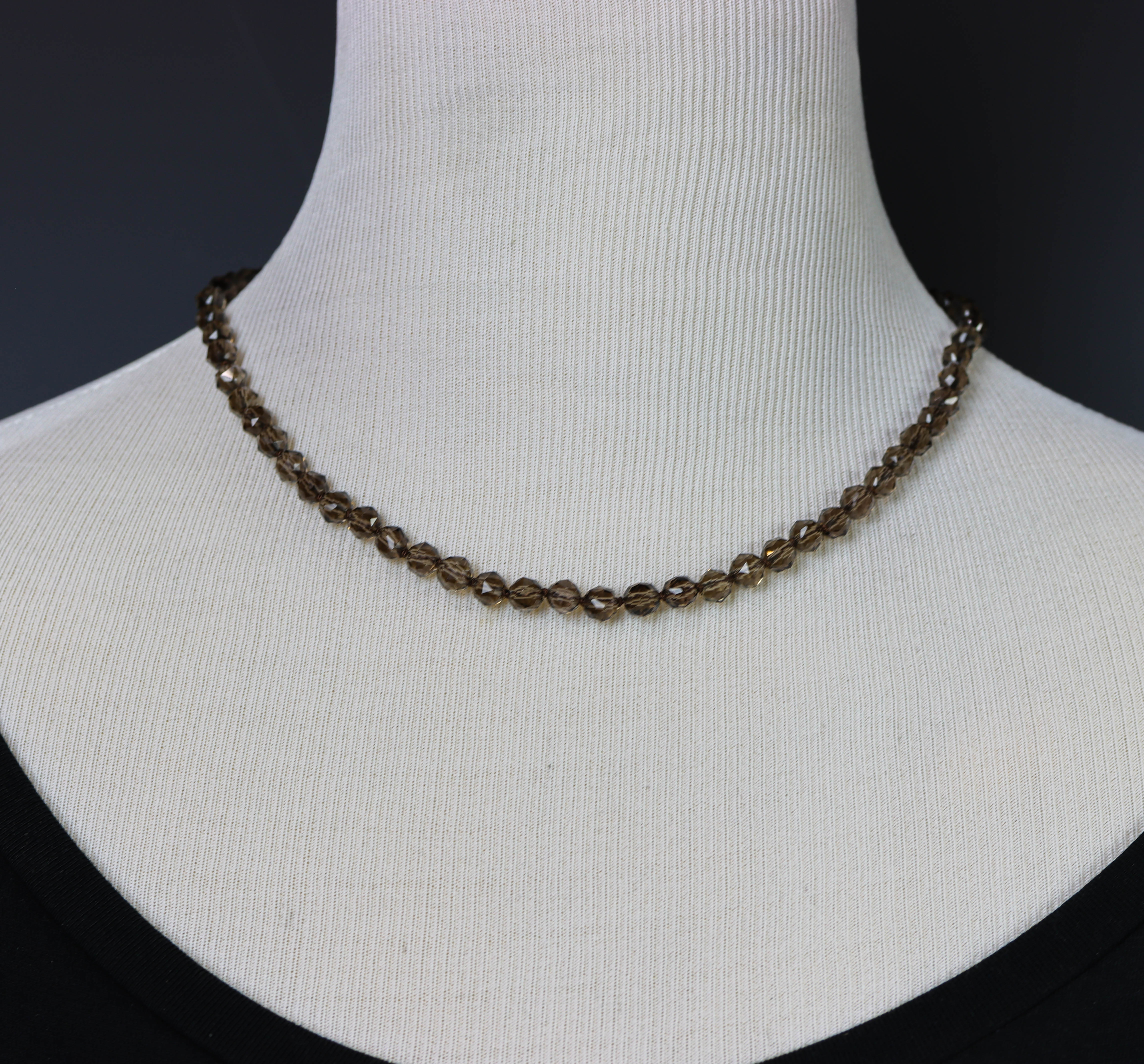 Smoky Quartz Hand Knotted Bead Necklace Sterling Silver