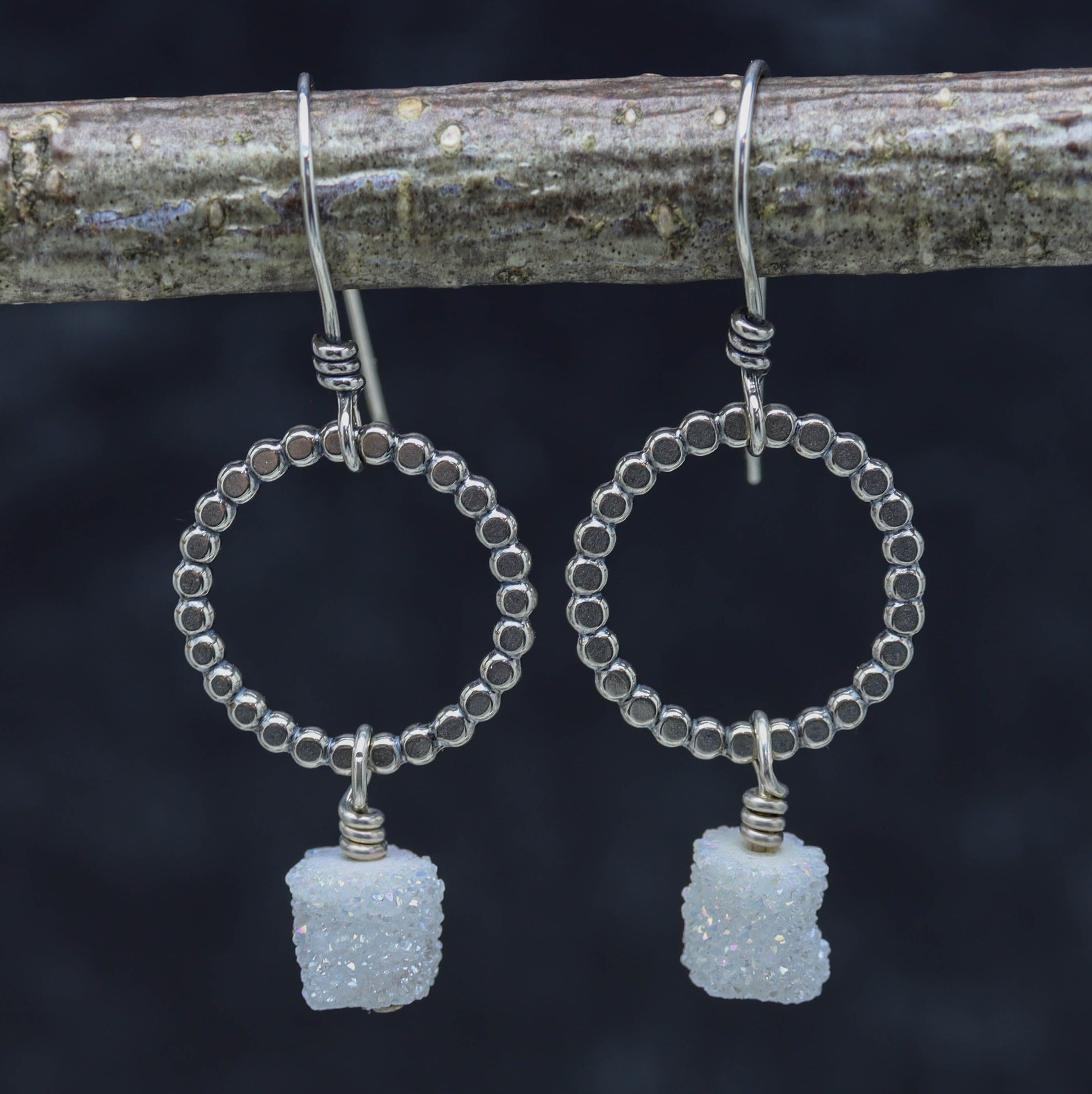White Druzy Stalactite Slice Earrings Sterling Silver