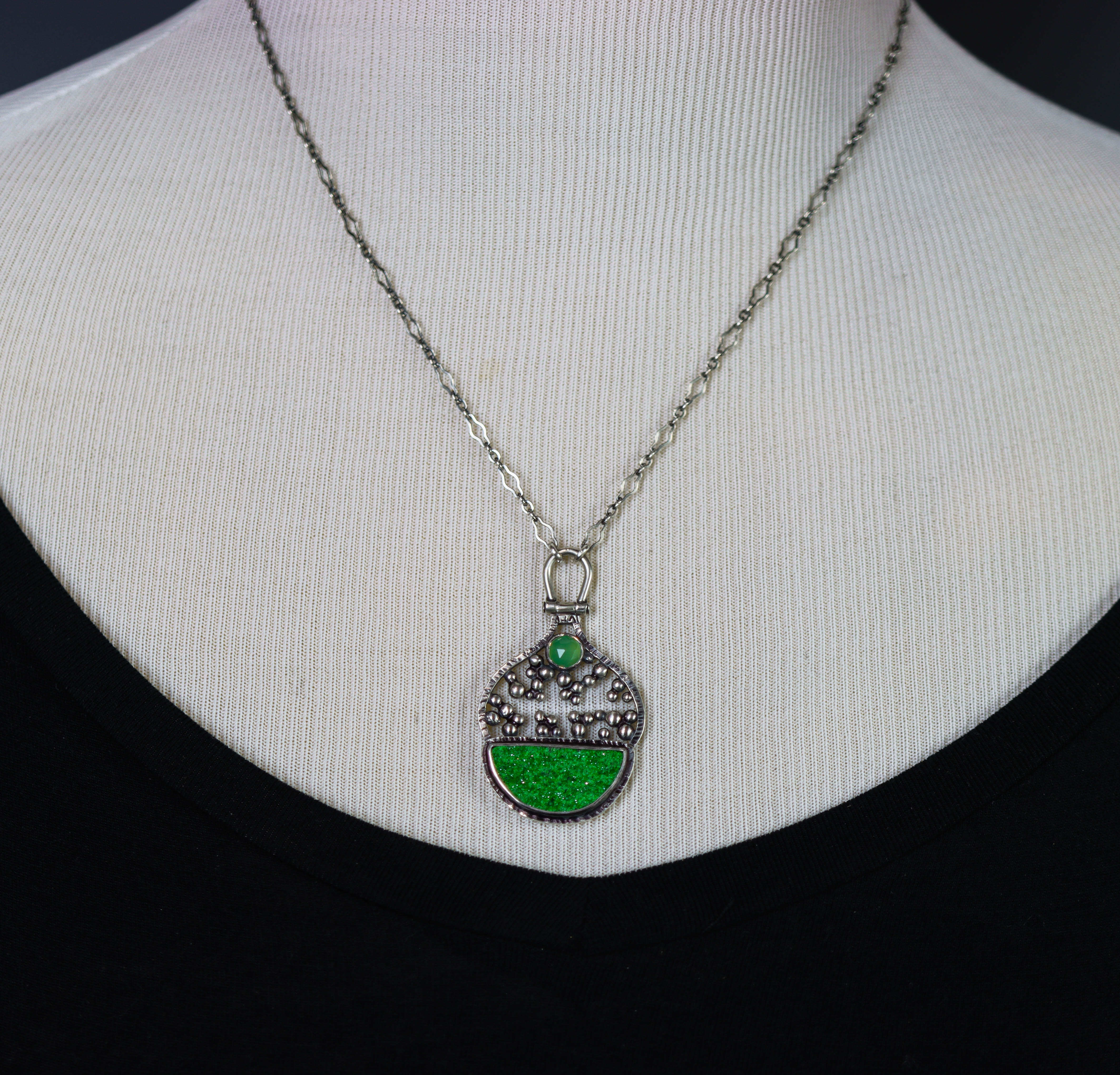 Chrysoprase and Uvarovite Garnet Necklace in Sterling Silver