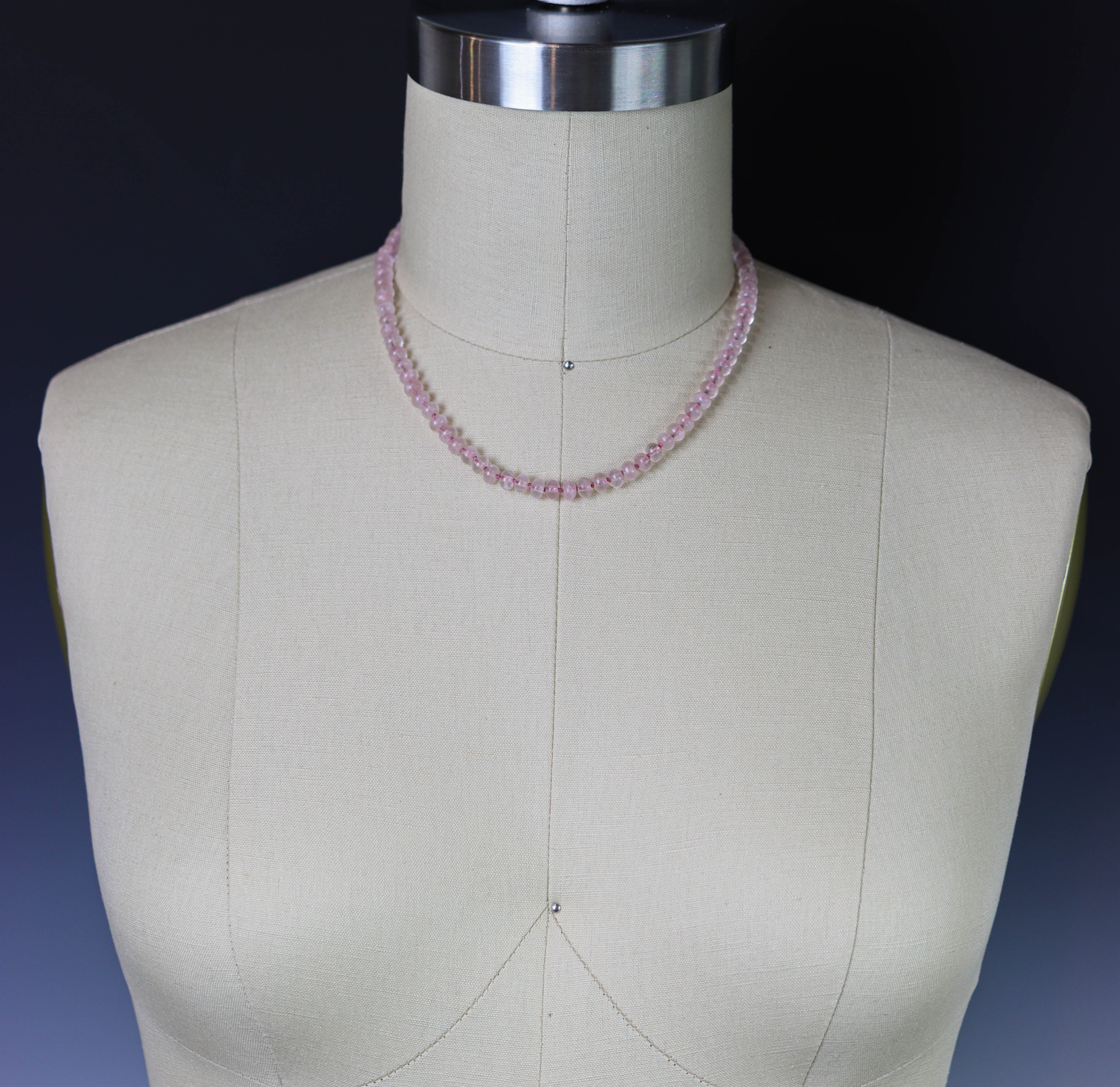 Rose Quartz Hand Knotted Bead Necklace Sterling Silver 18 inch