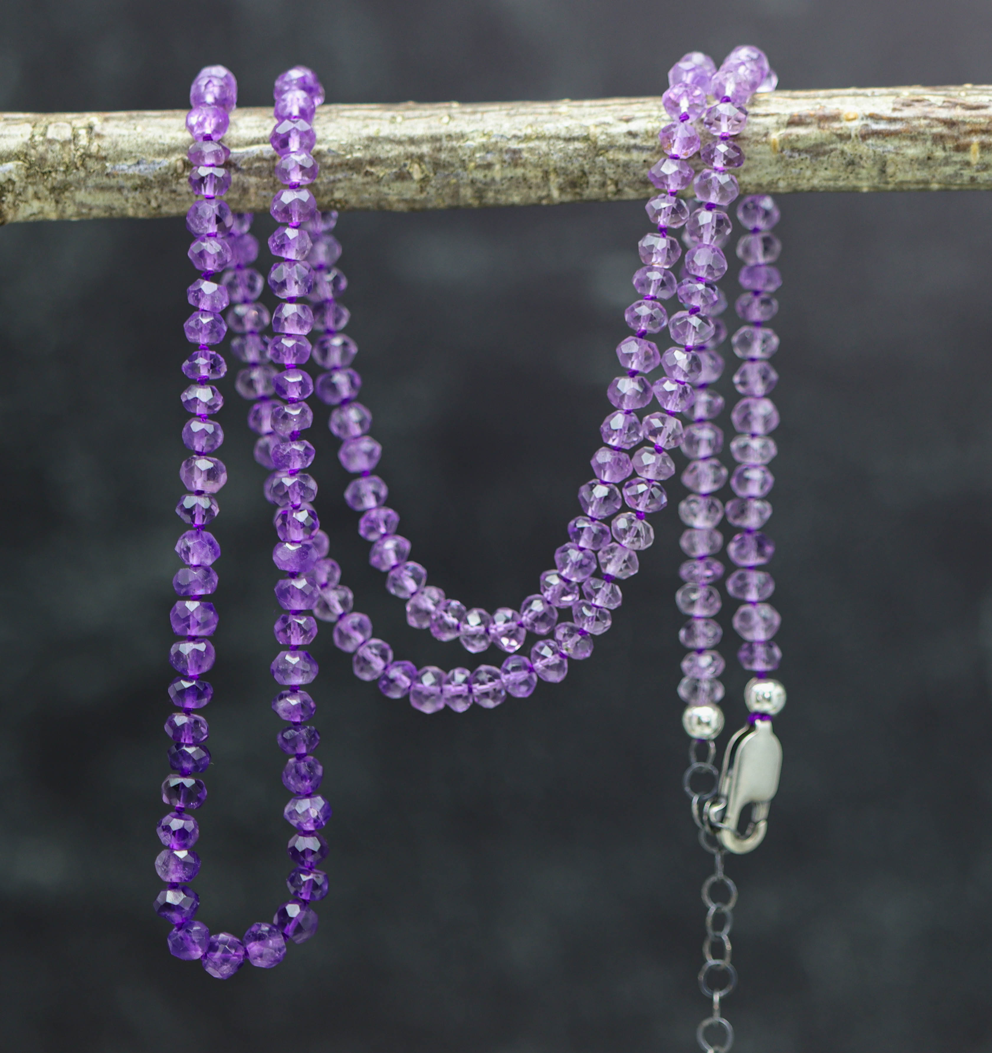 Ombre Amethyst Hand Knotted Bead Necklace Sterling Silver