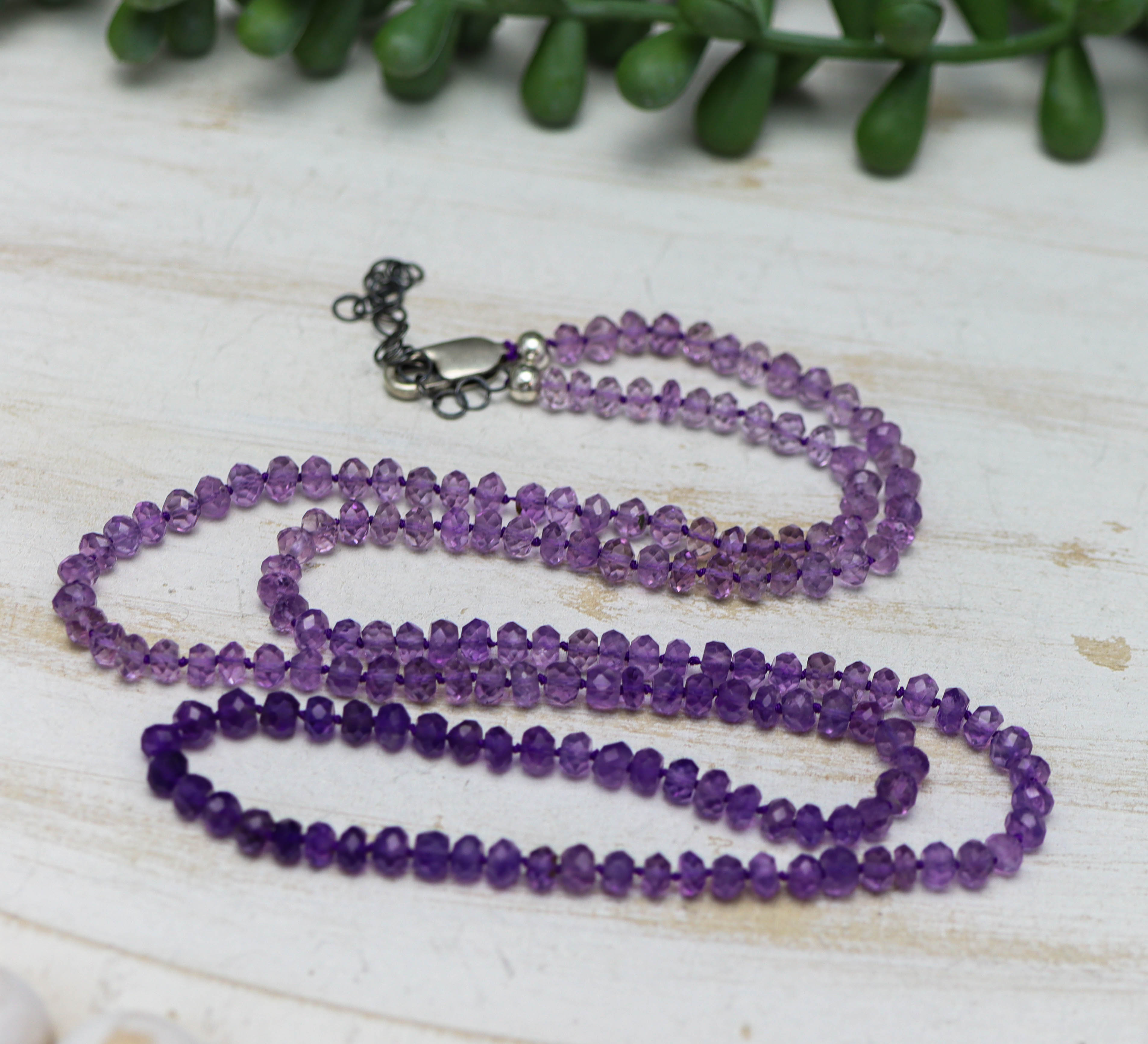 Ombre Amethyst Hand Knotted Bead Necklace Sterling Silver