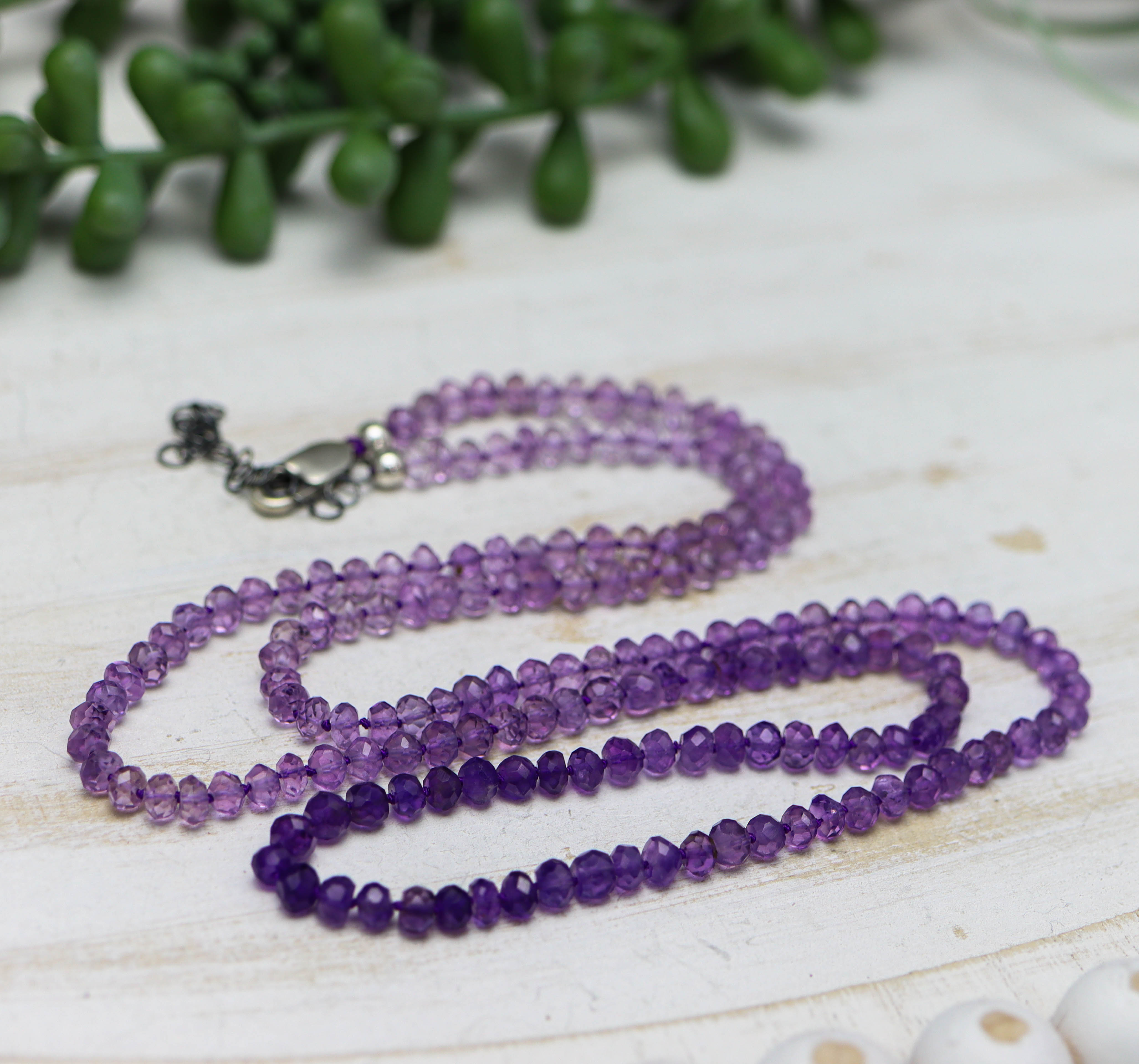Ombre Amethyst Hand Knotted Bead Necklace Sterling Silver