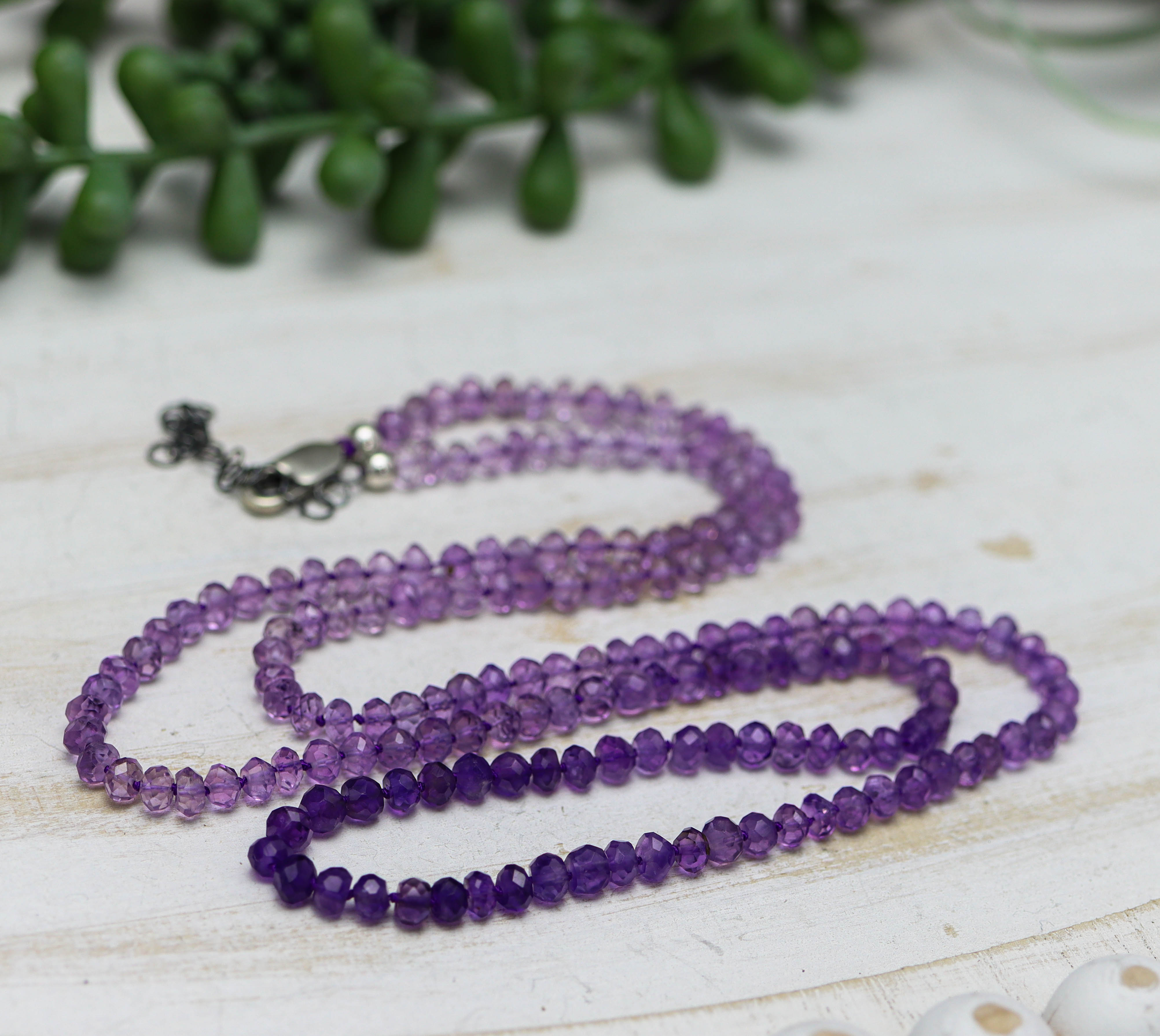 Ombre Amethyst Hand Knotted Bead Necklace Sterling Silver