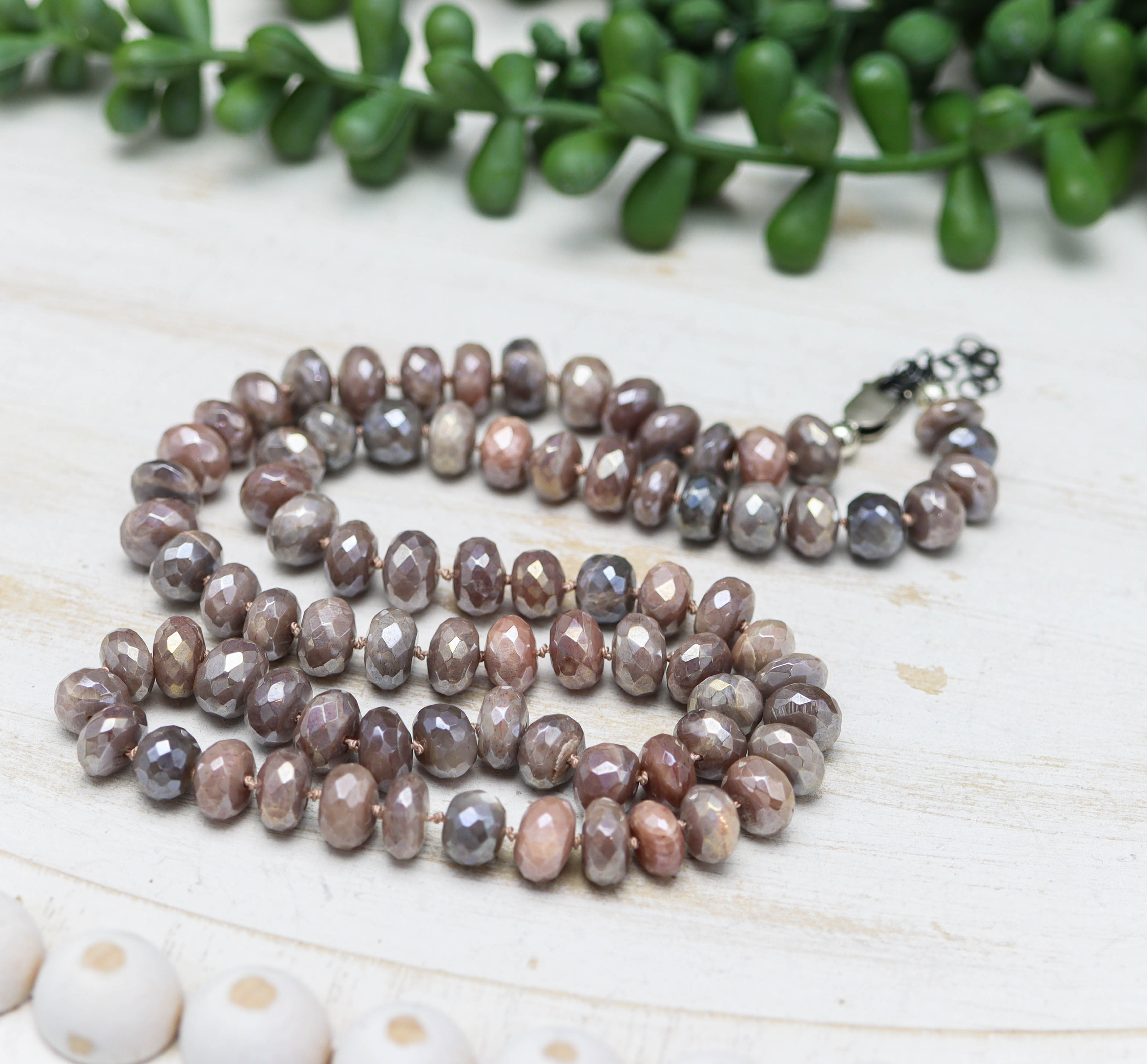 Peachy Pink Moonstone Hand Knotted Bead Necklace Sterling Silver