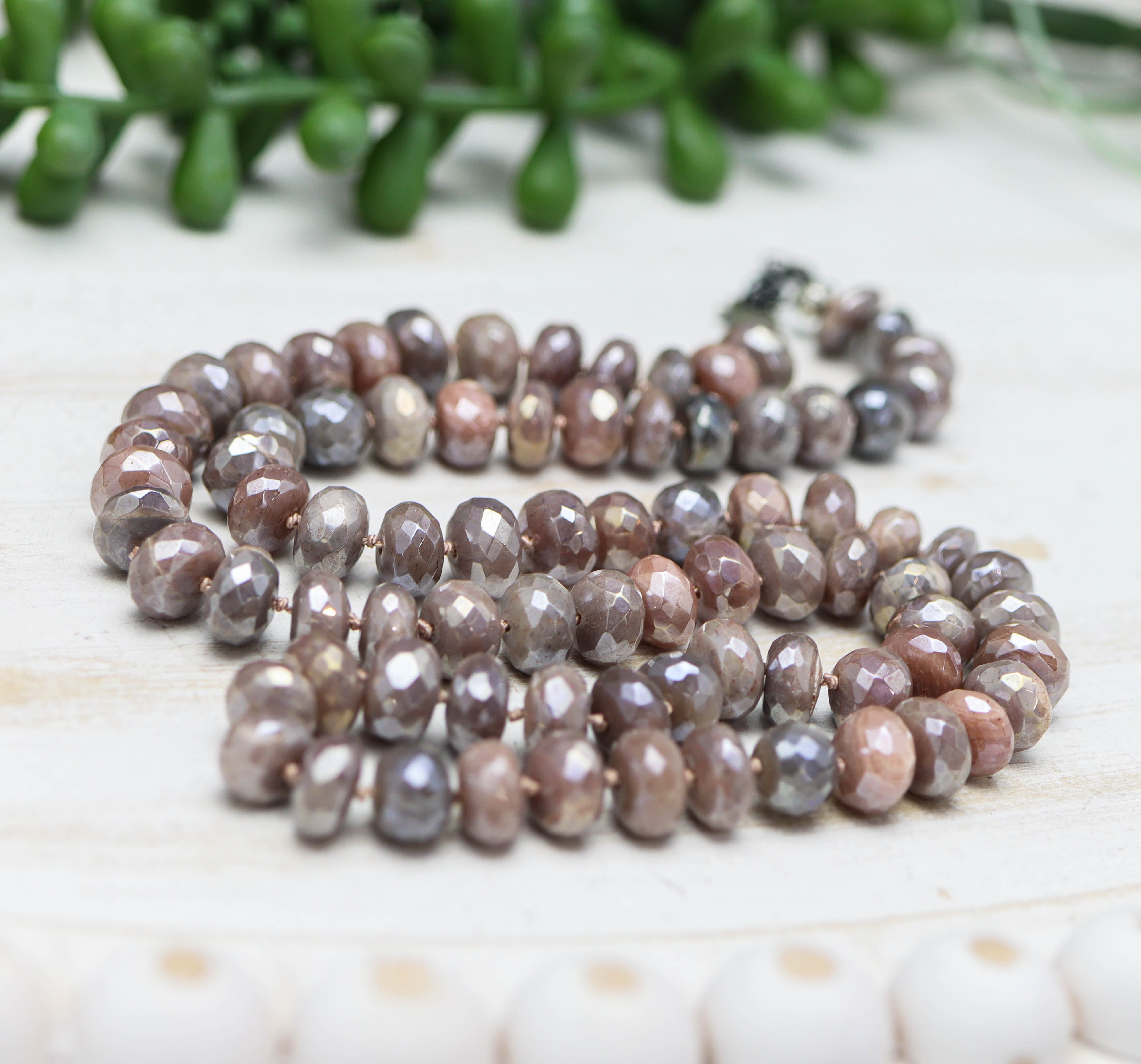 Peachy Pink Moonstone Hand Knotted Bead Necklace Sterling Silver