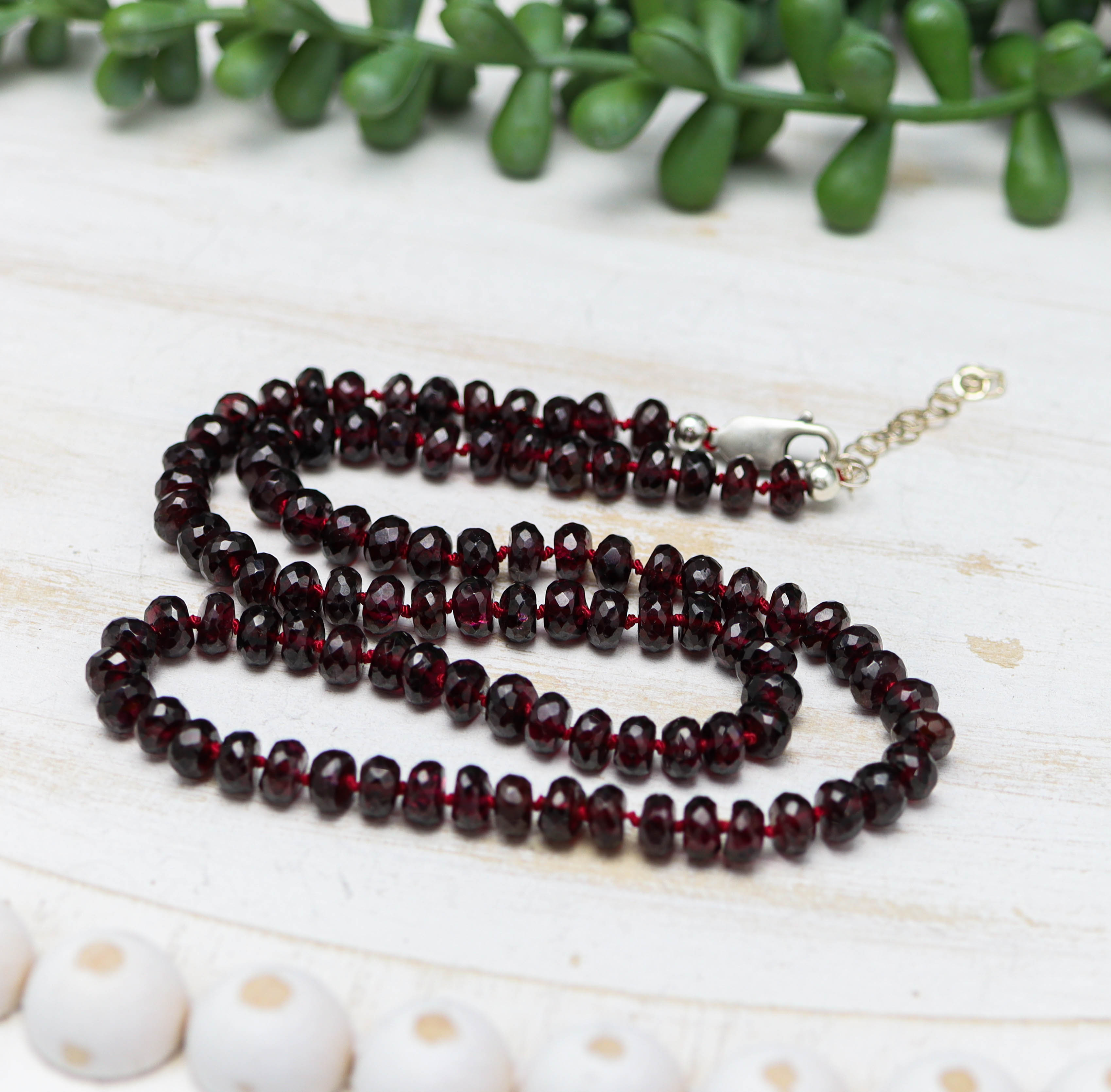 Red Garnet Hand Knotted Bead Necklace Sterling Silver 18 inch