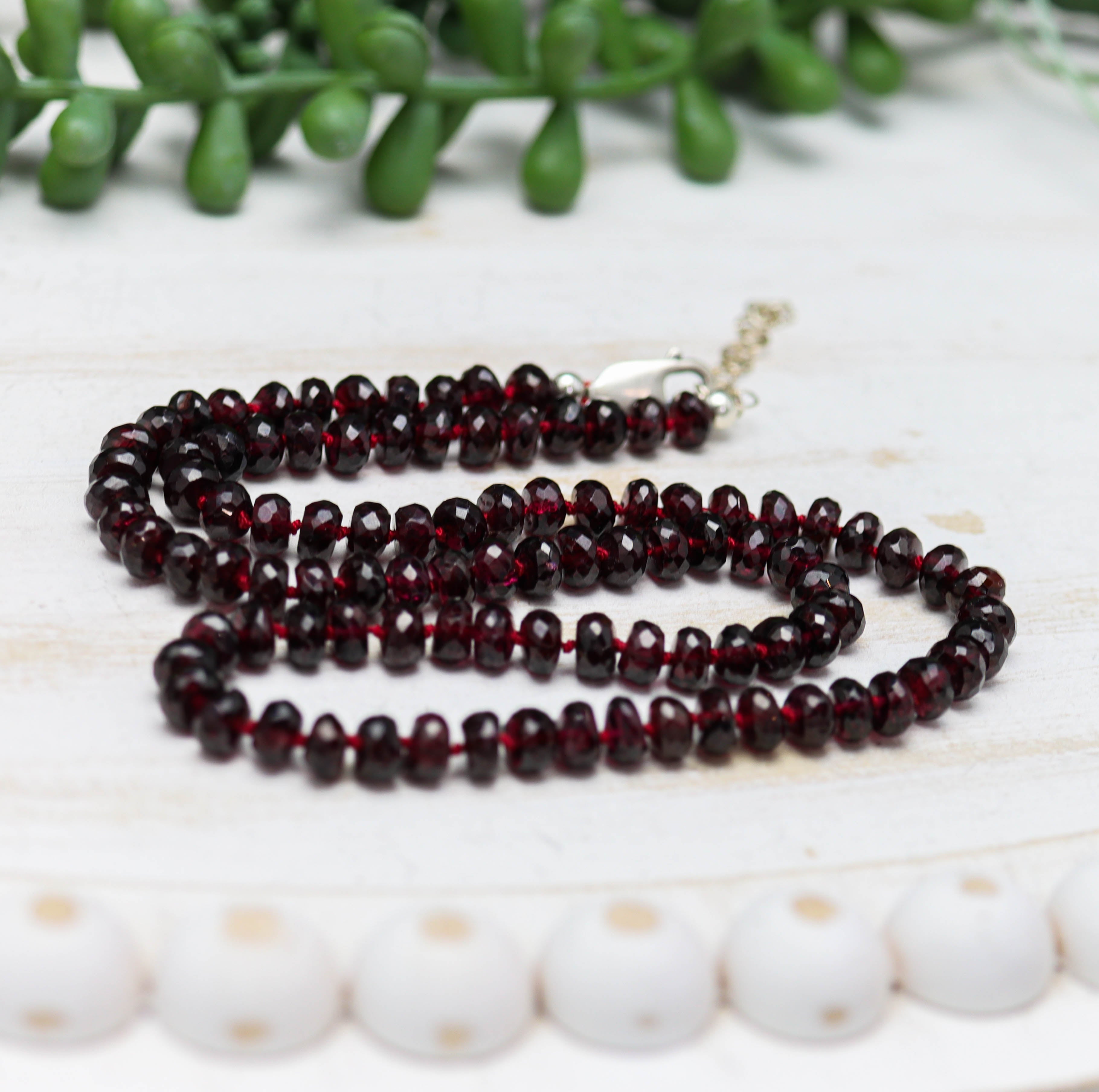 Red Garnet Hand Knotted Bead Necklace Sterling Silver 18 inch