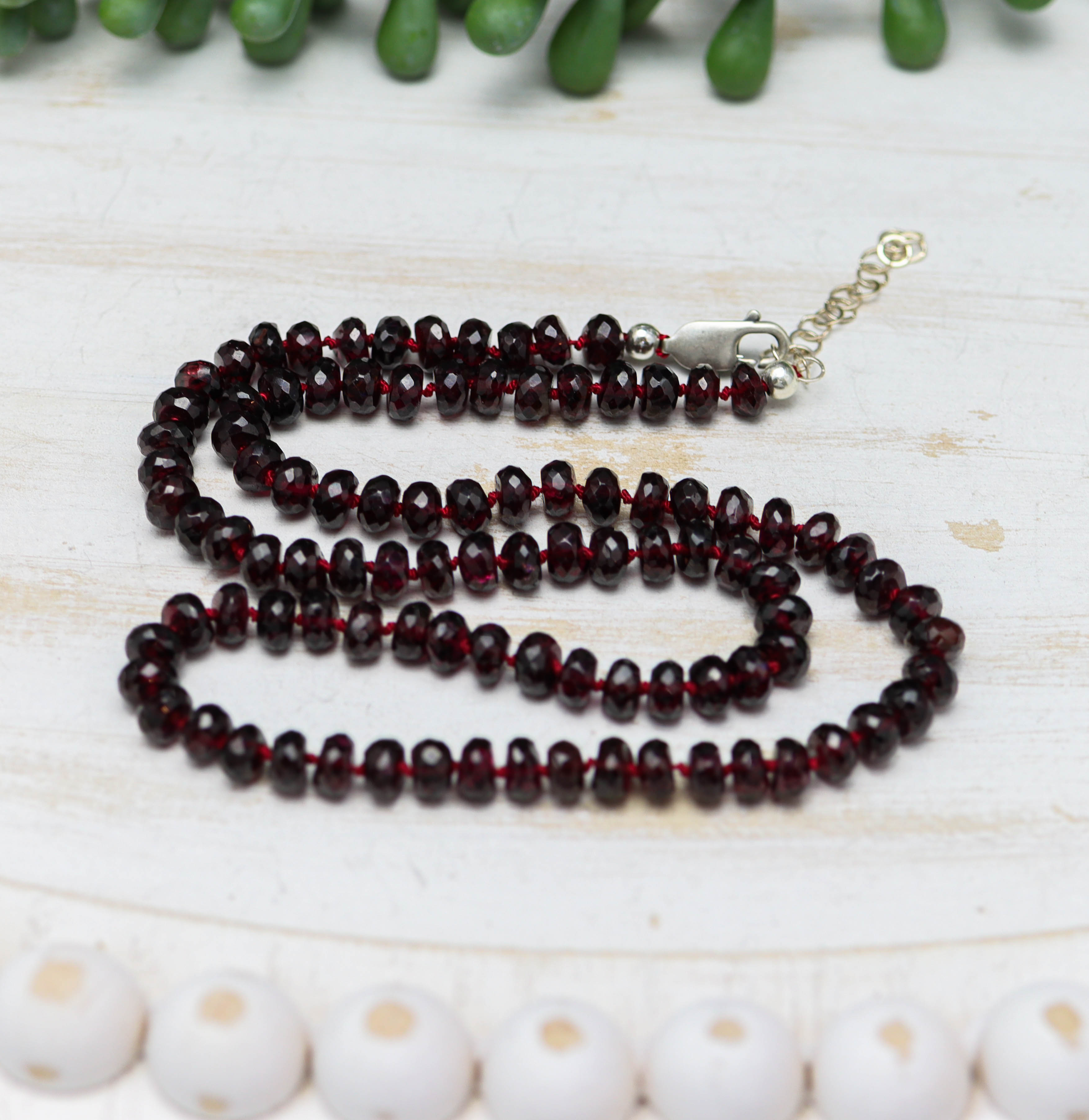 Red Garnet Hand Knotted Bead Necklace Sterling Silver 18 inch