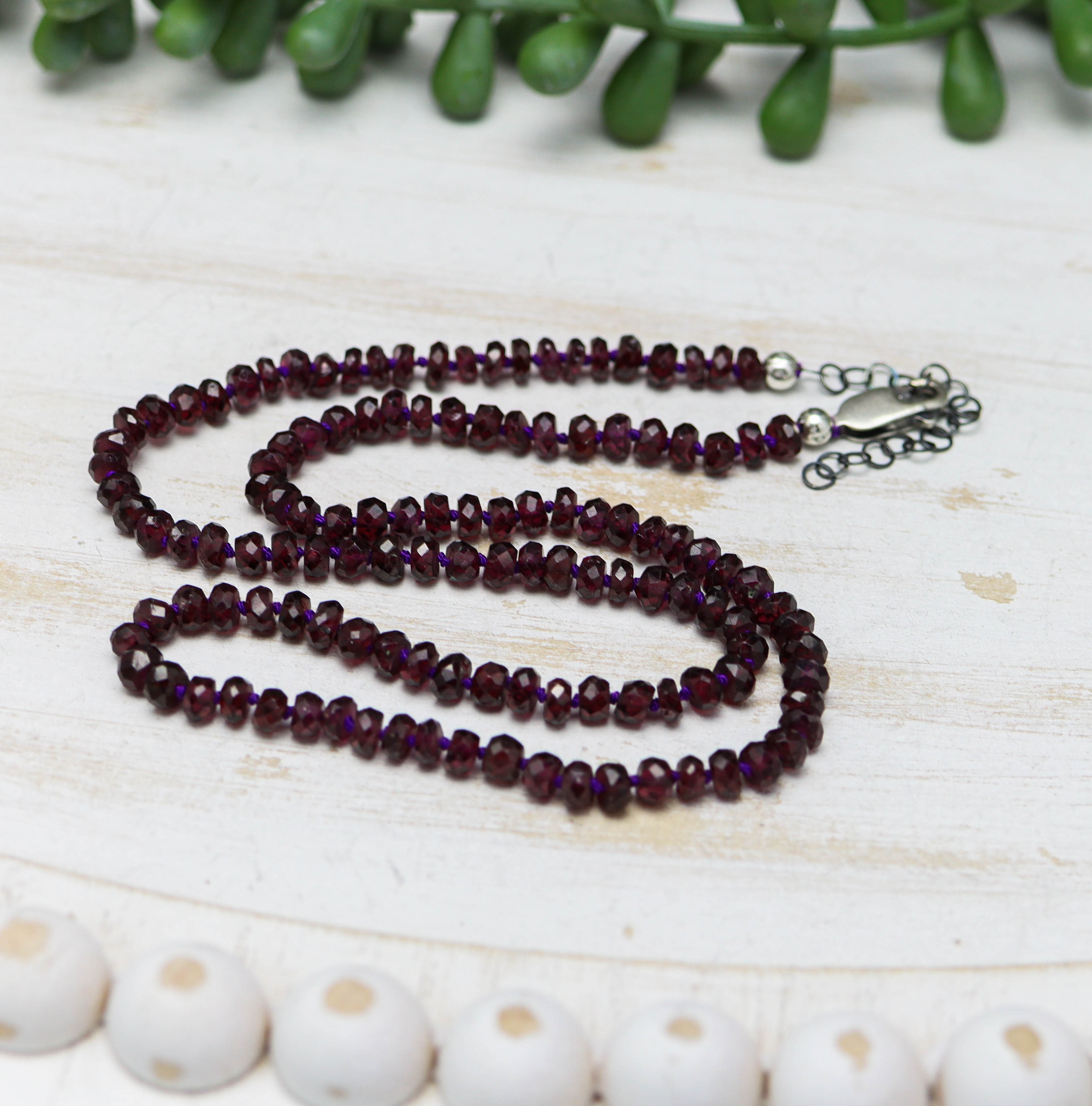 Grape Garnet Hand Knotted Bead Necklace Sterling Silver