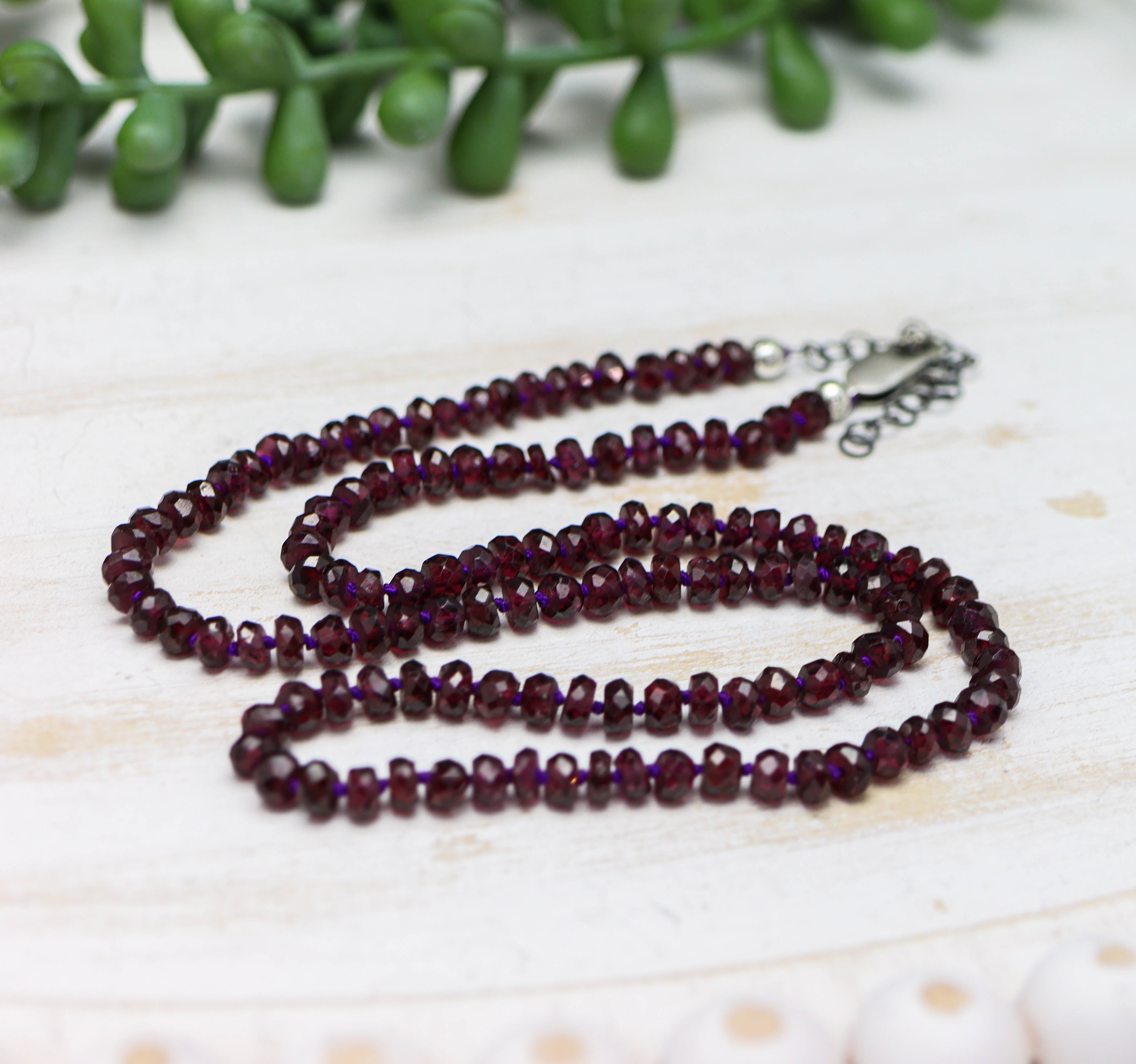 Grape Garnet Hand Knotted Bead Necklace Sterling Silver