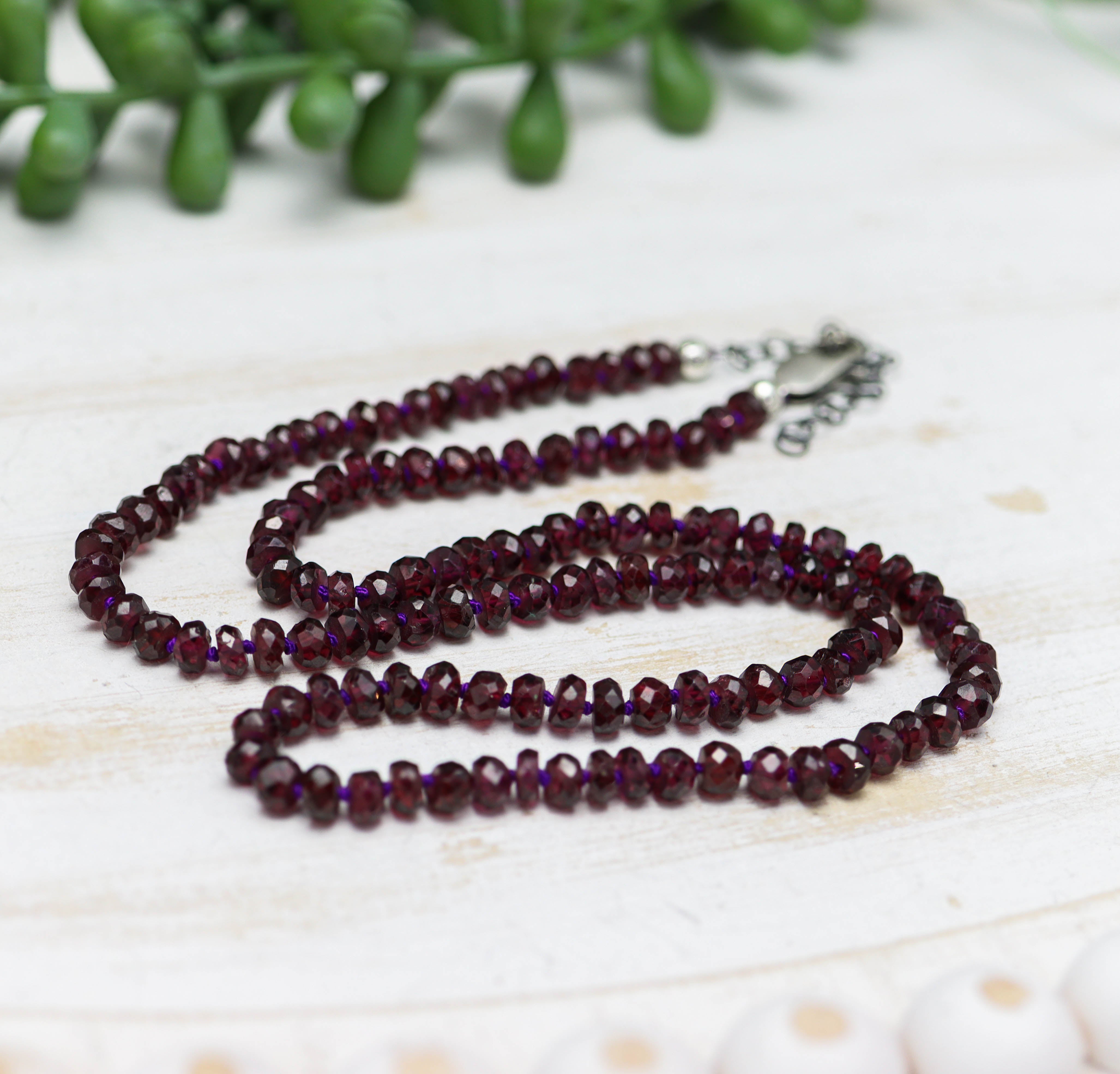 Grape Garnet Hand Knotted Bead Necklace Sterling Silver