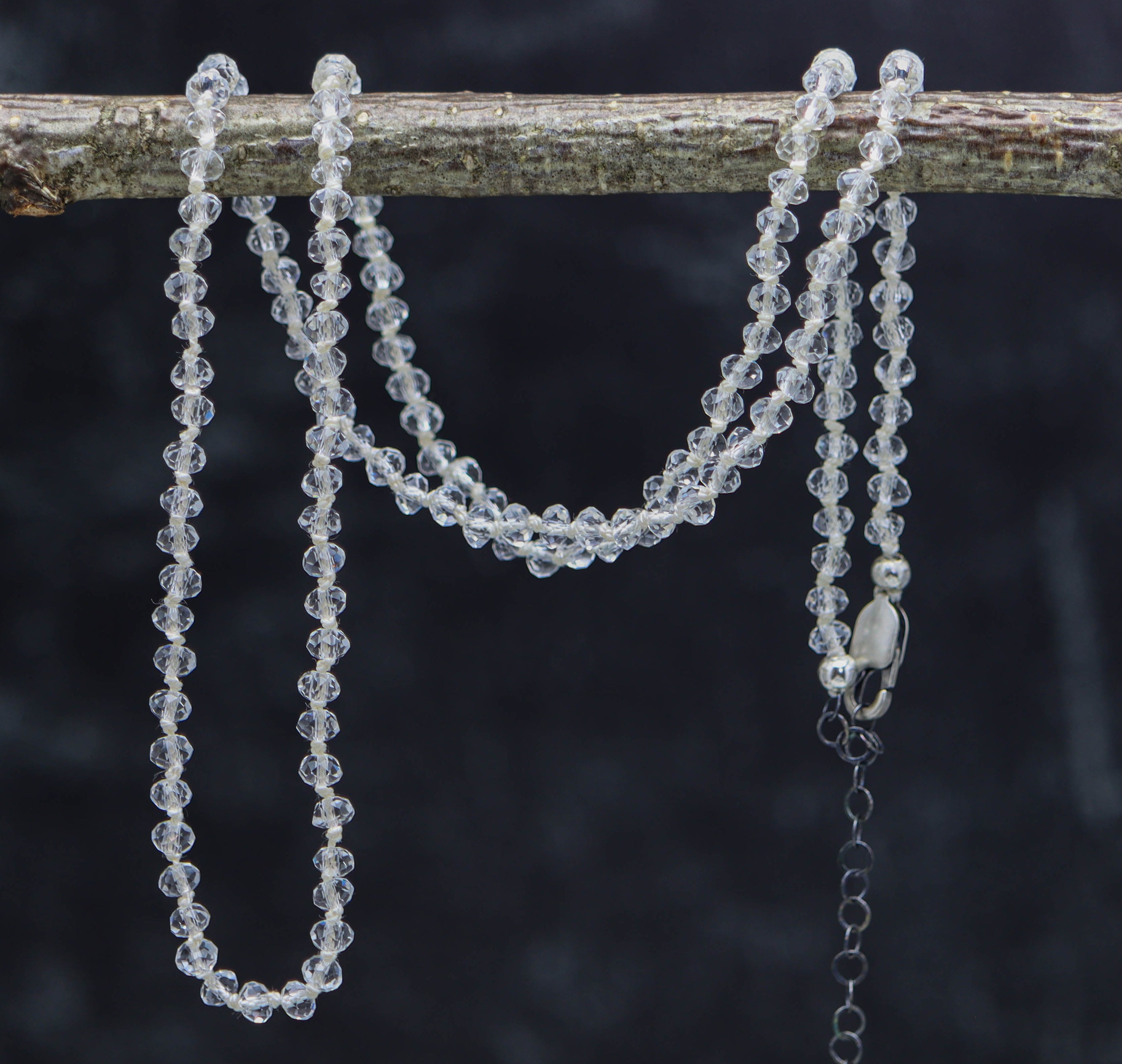 Crystal Quartz Hand Knotted Bead Necklace Sterling Silver