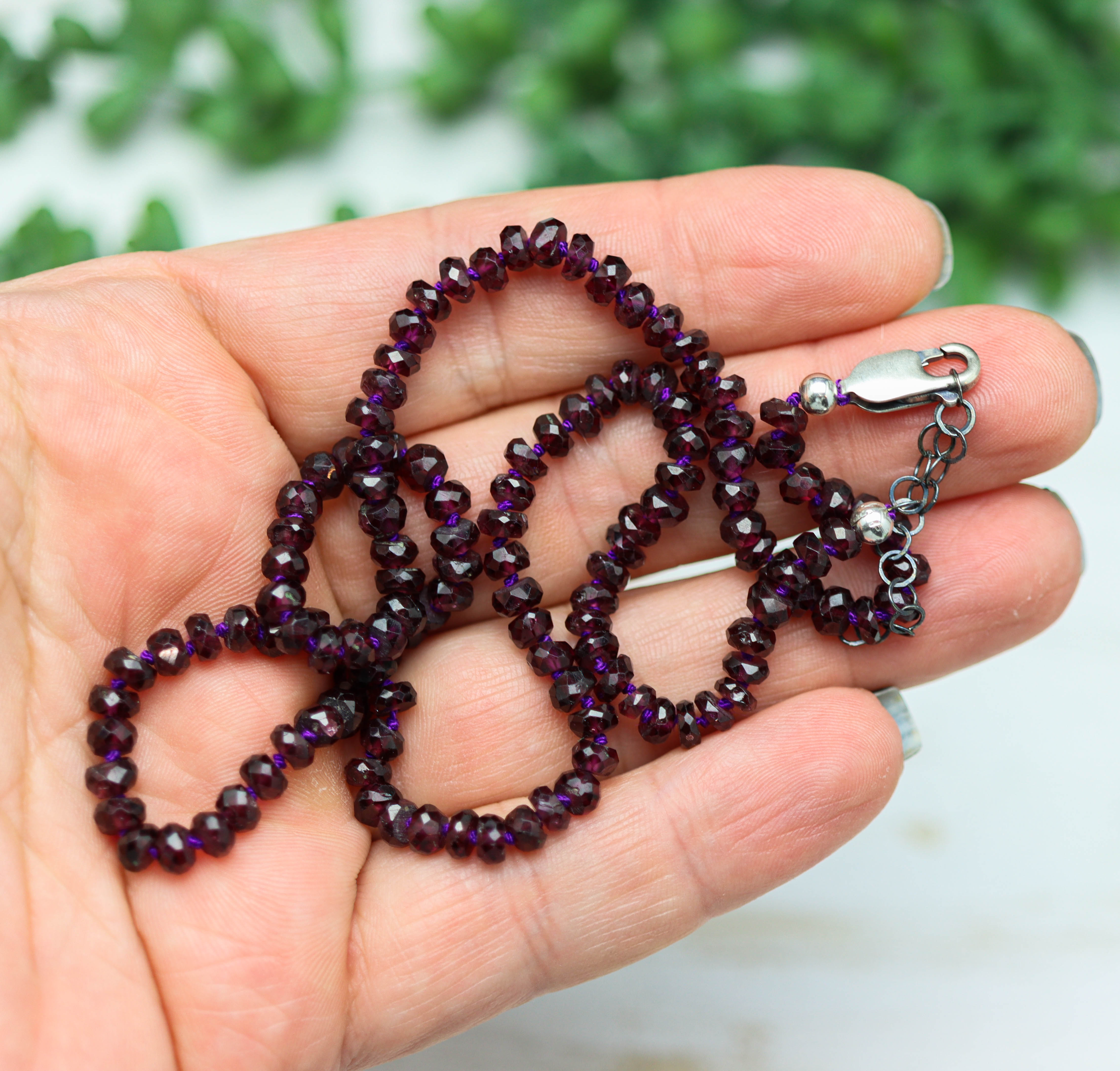 Grape Garnet Hand Knotted Bead Necklace Sterling Silver
