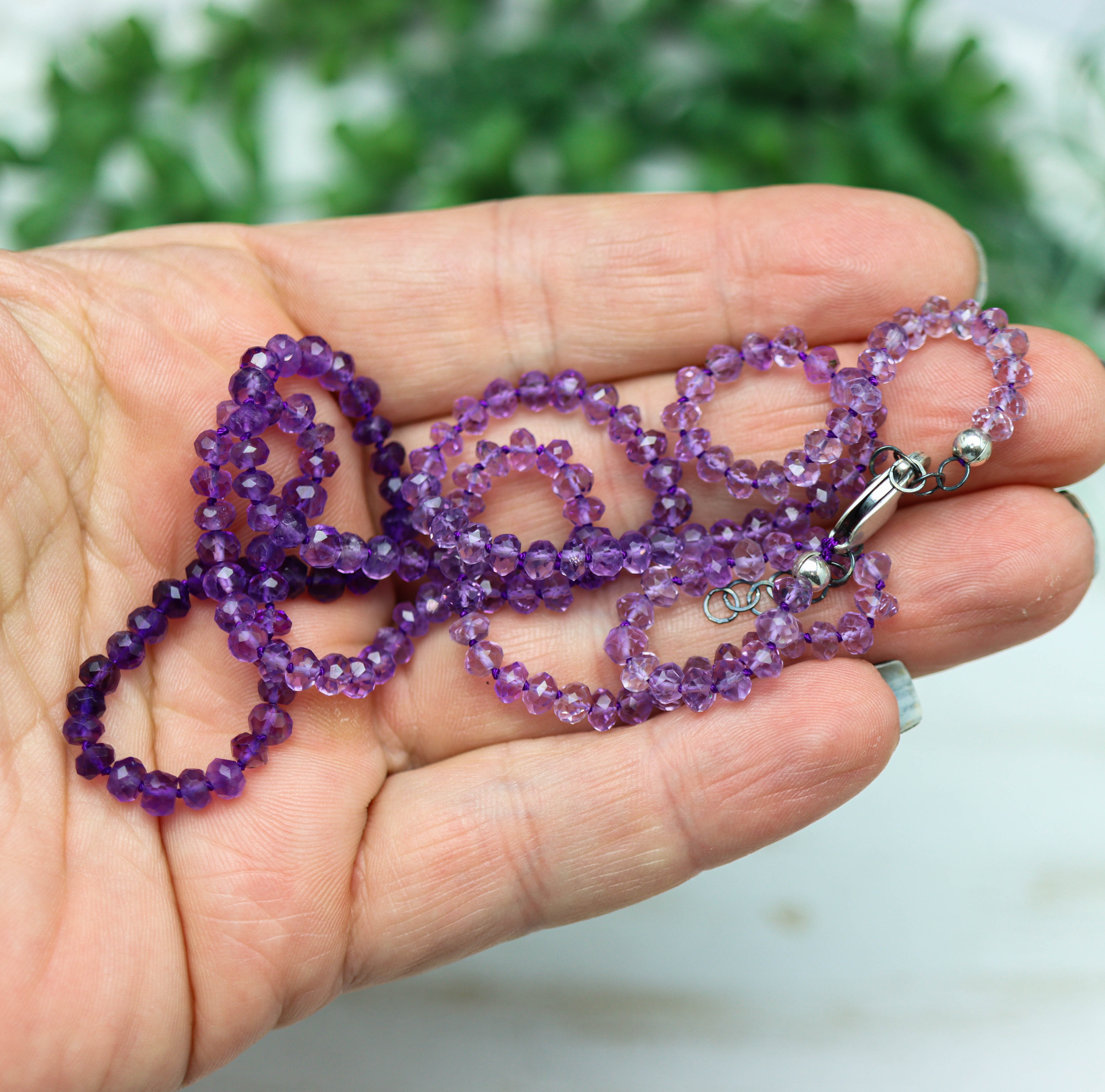 Ombre Amethyst Hand Knotted Bead Necklace Sterling Silver