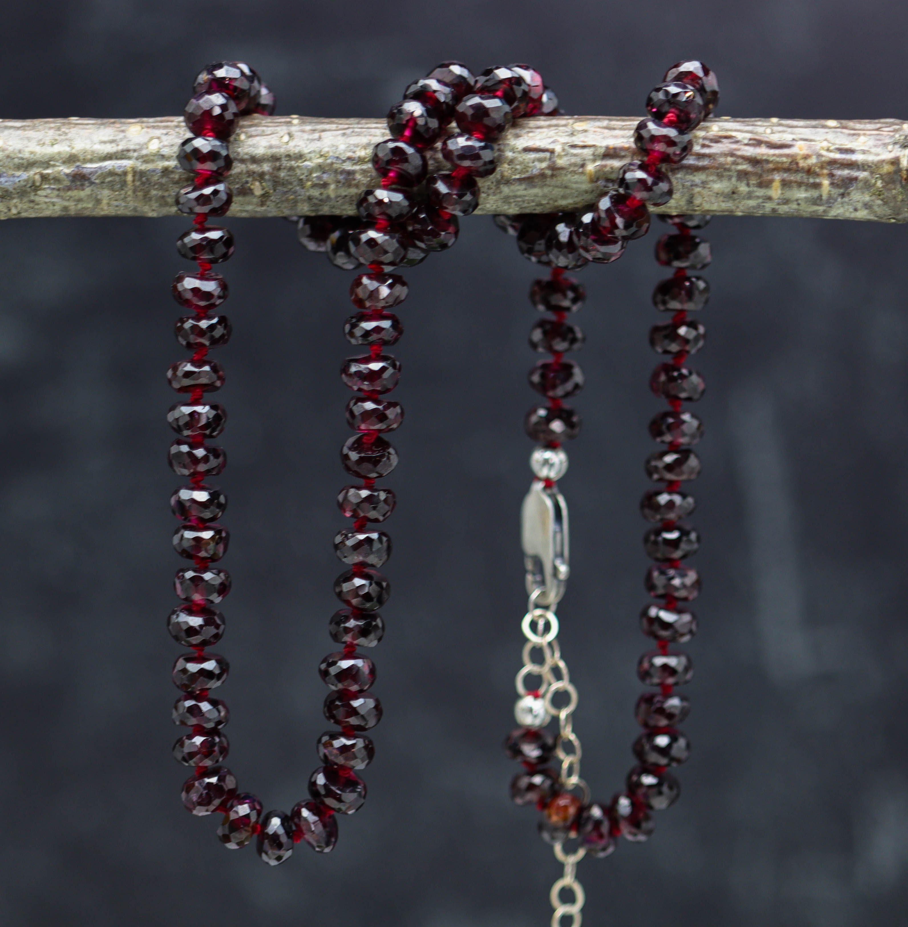 Red Garnet Hand Knotted Bead Necklace Sterling Silver 18 inch