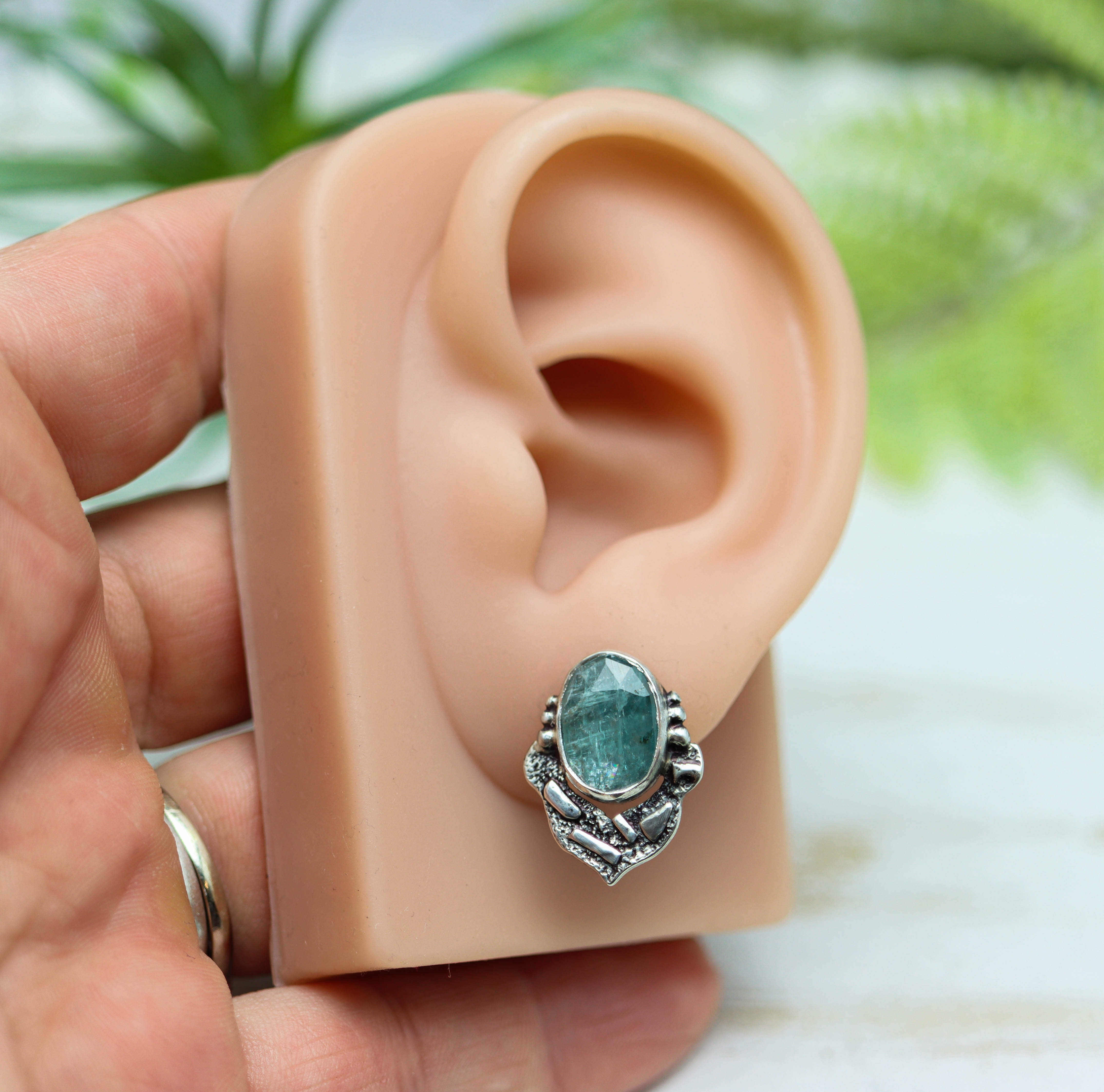 Aqua Blue Kyanite Sterling Silver Embellished Stud Earrings