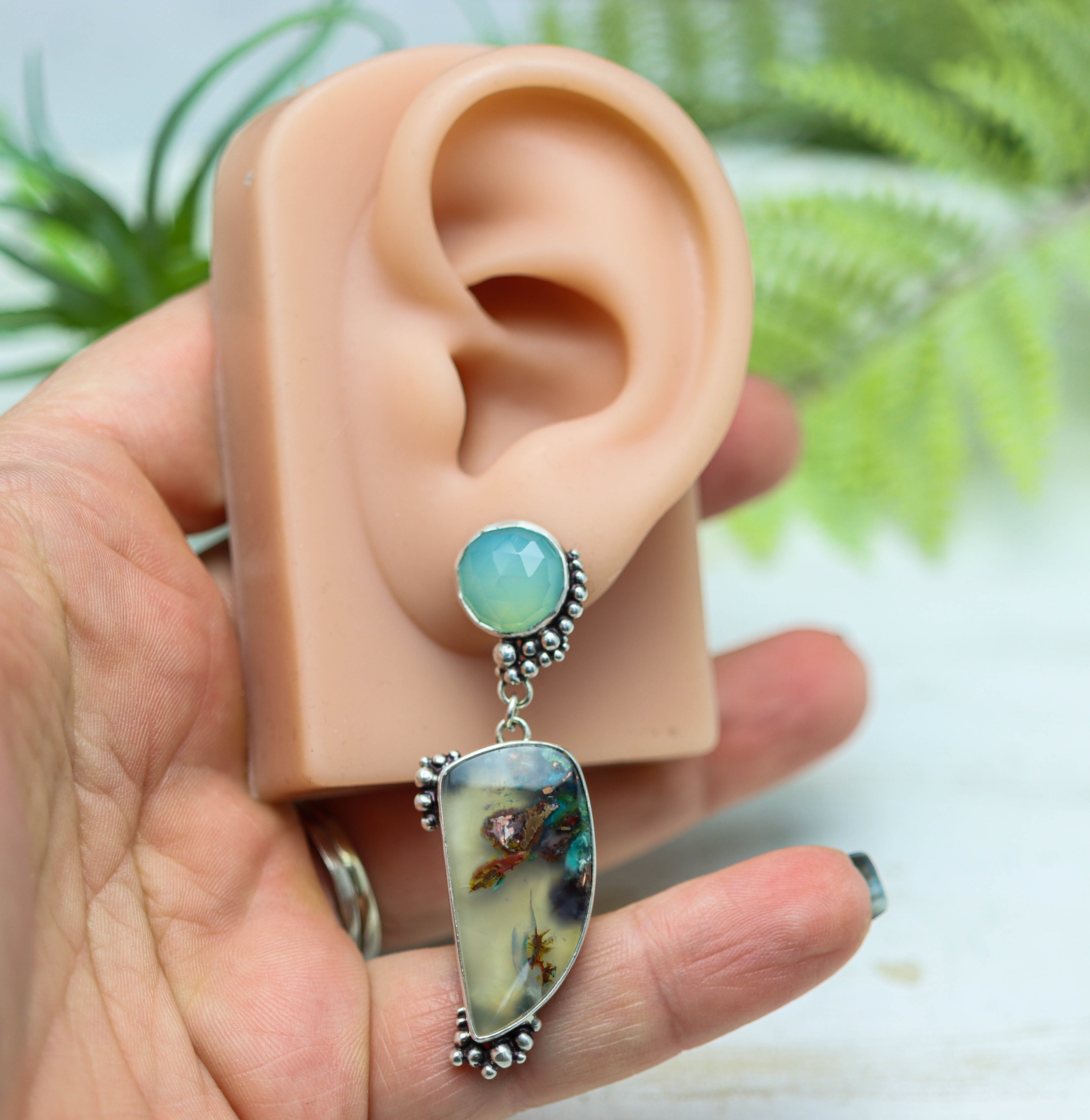 Aqua Chalcedony and Confetti Agate Sterling Silver Embellished Dangle Earrings