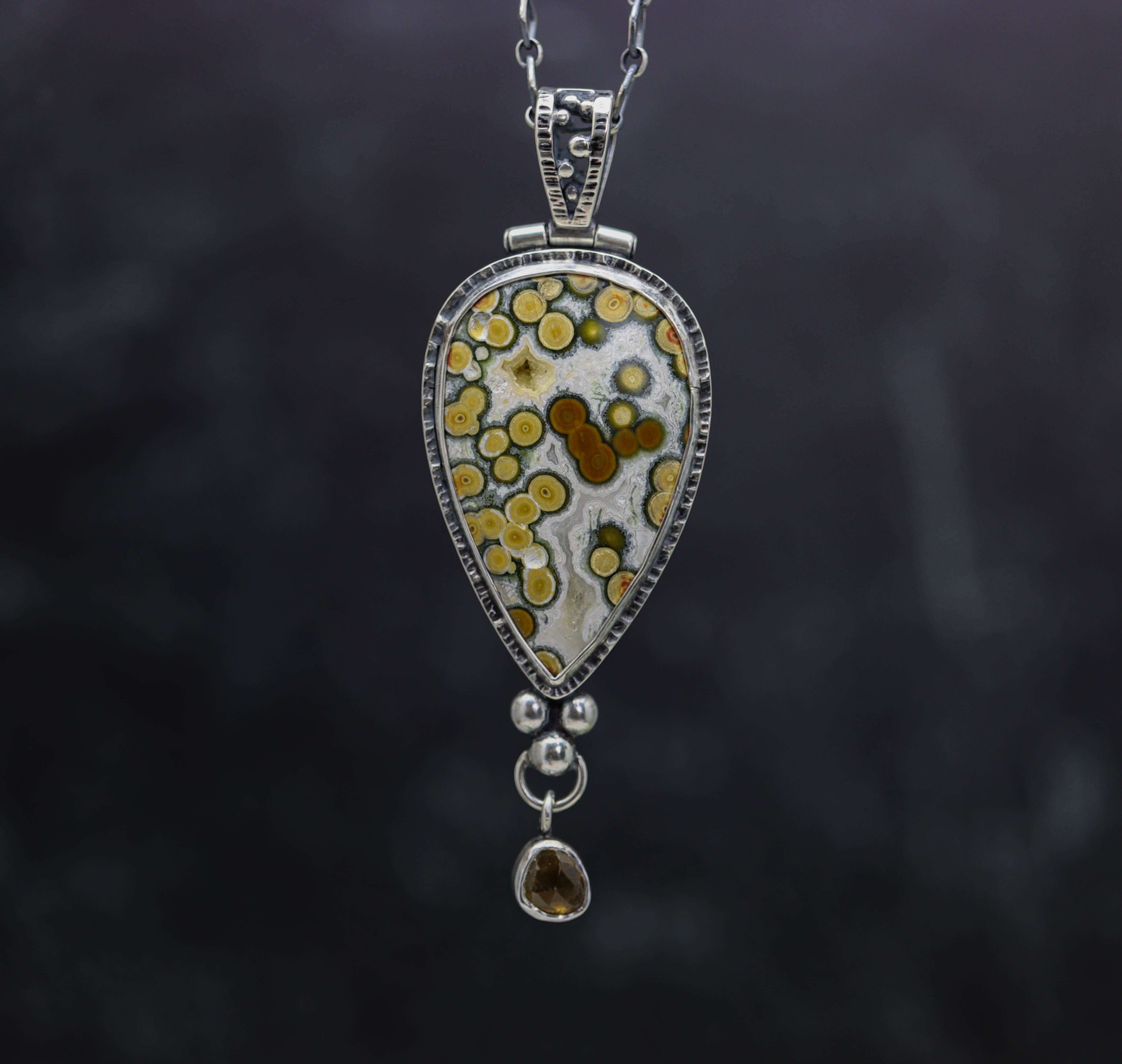 Orbicular Jasper and Mandarin Citrine Pendant Necklace Sterling Silver