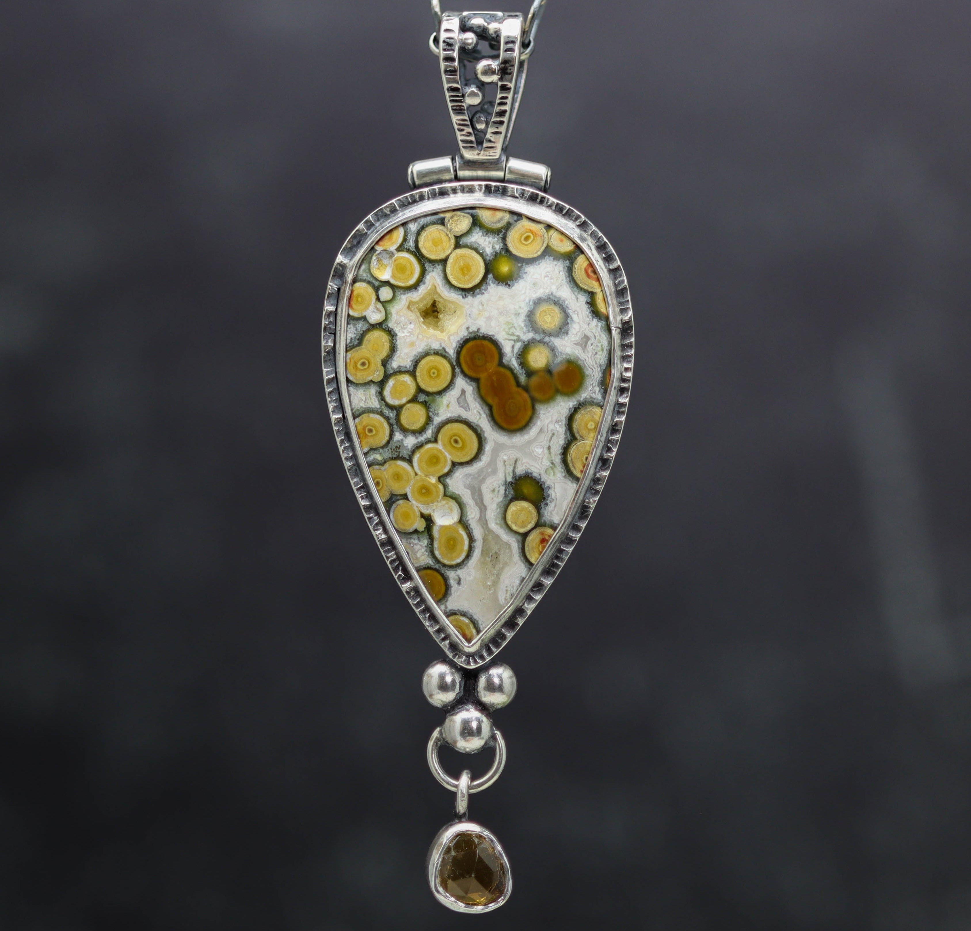 Orbicular Jasper and Mandarin Citrine Pendant Necklace Sterling Silver
