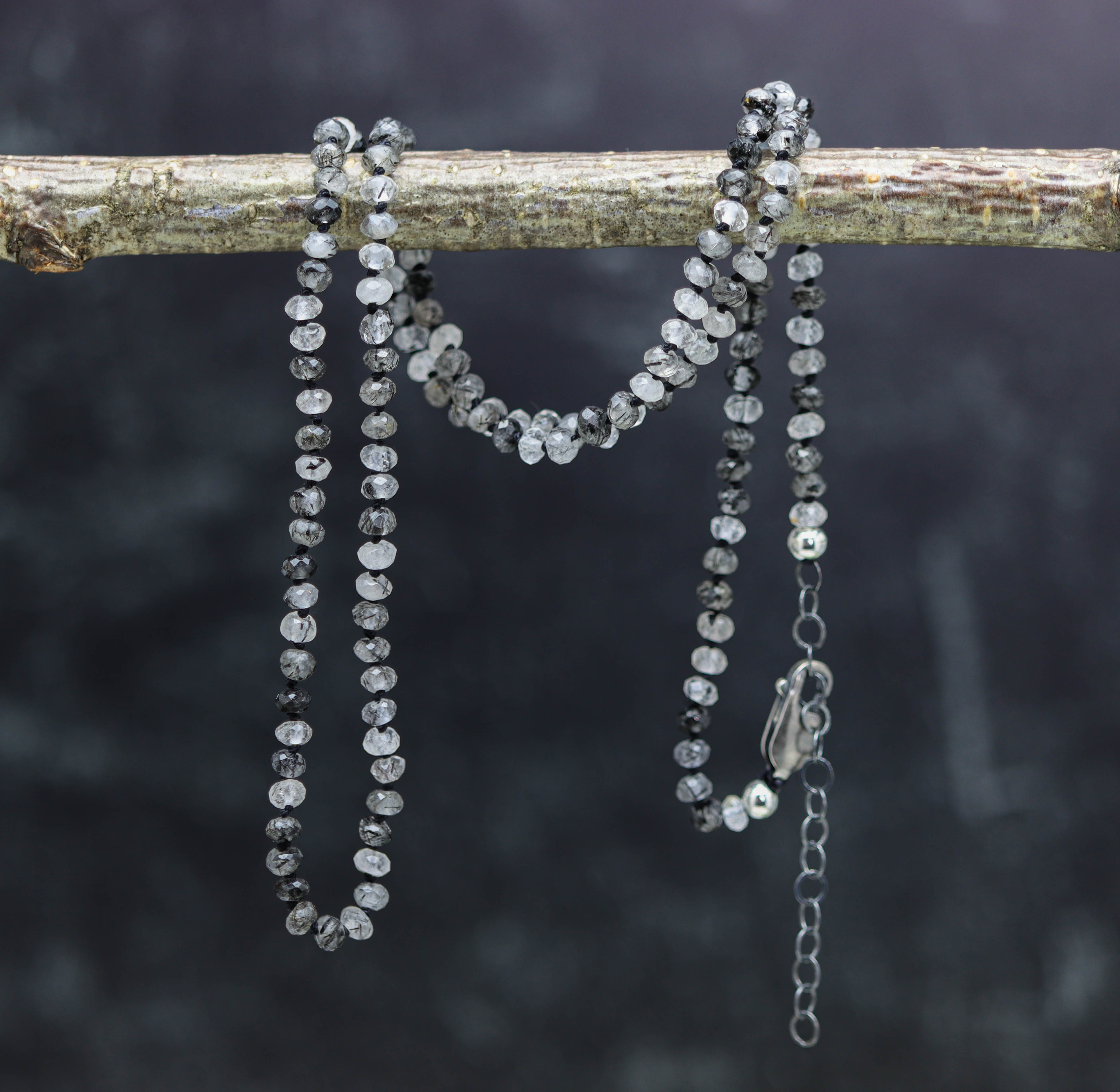 Black Toumalinated Quartz Hand Knotted Bead Necklace Sterling Silver 21 inch