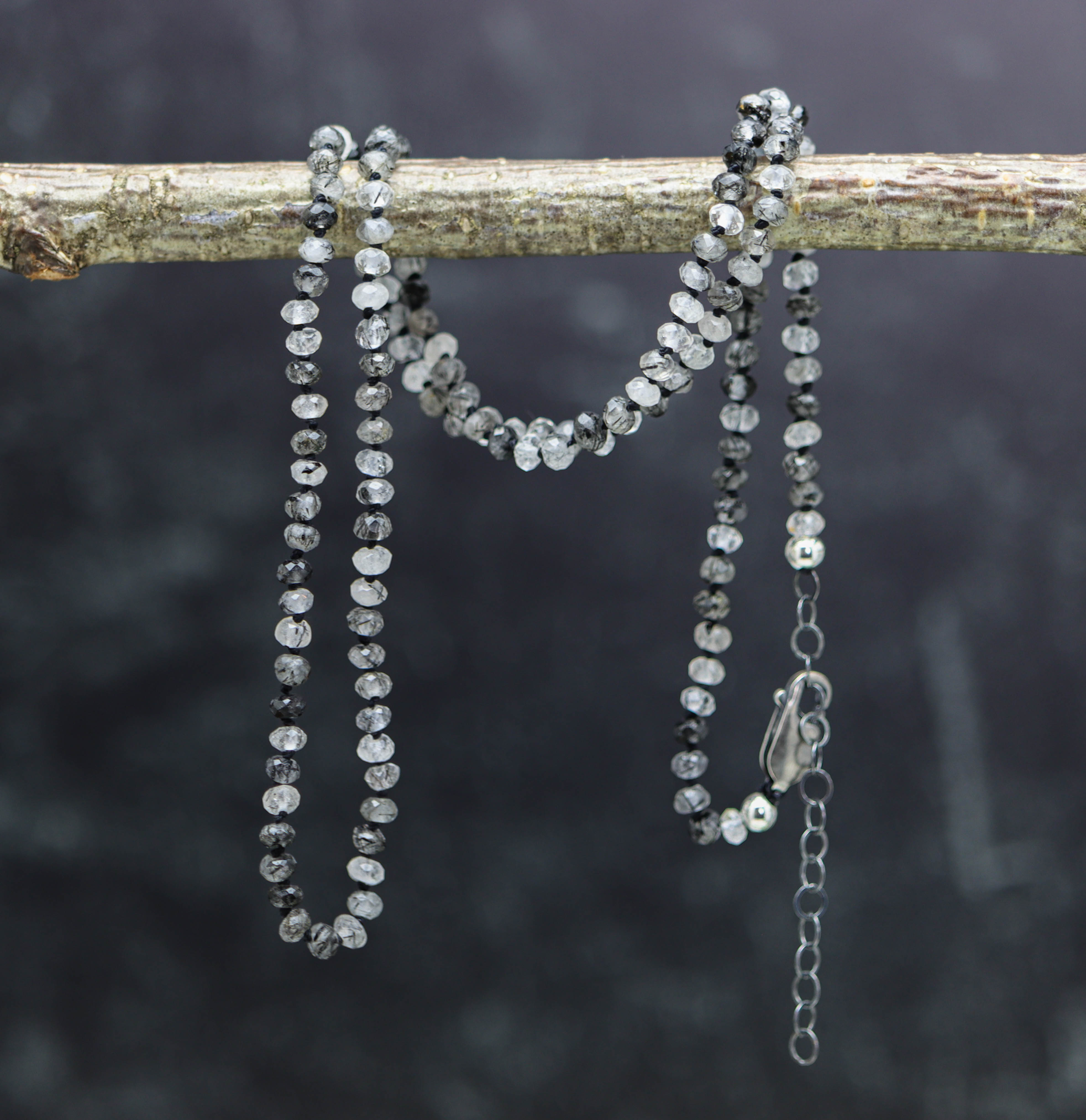 Black Toumalinated Quartz Hand Knotted Bead Necklace Sterling Silver 21 inch