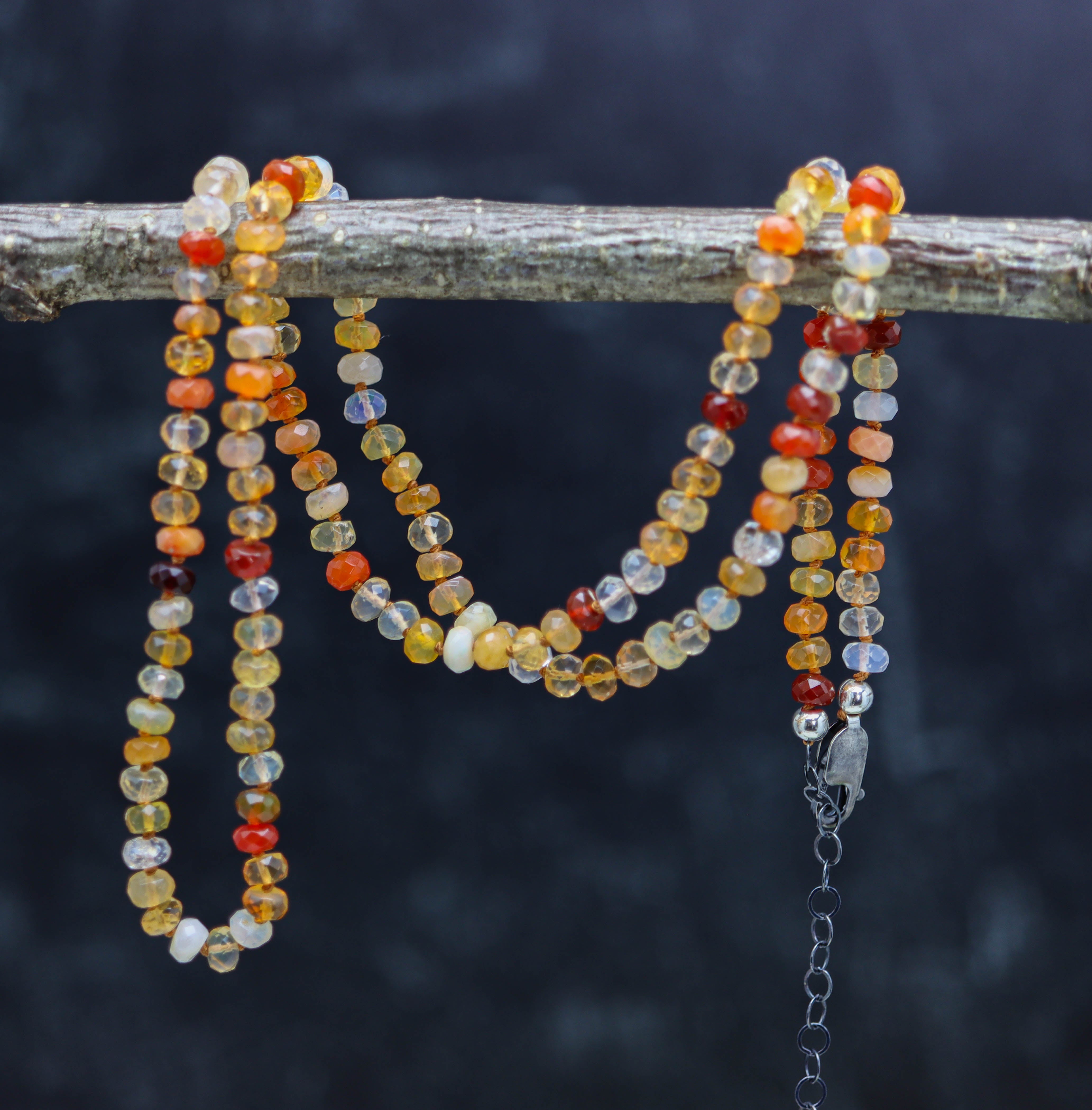Mexican Fire Opal Hand Knotted Bead Necklace Sterling Silver