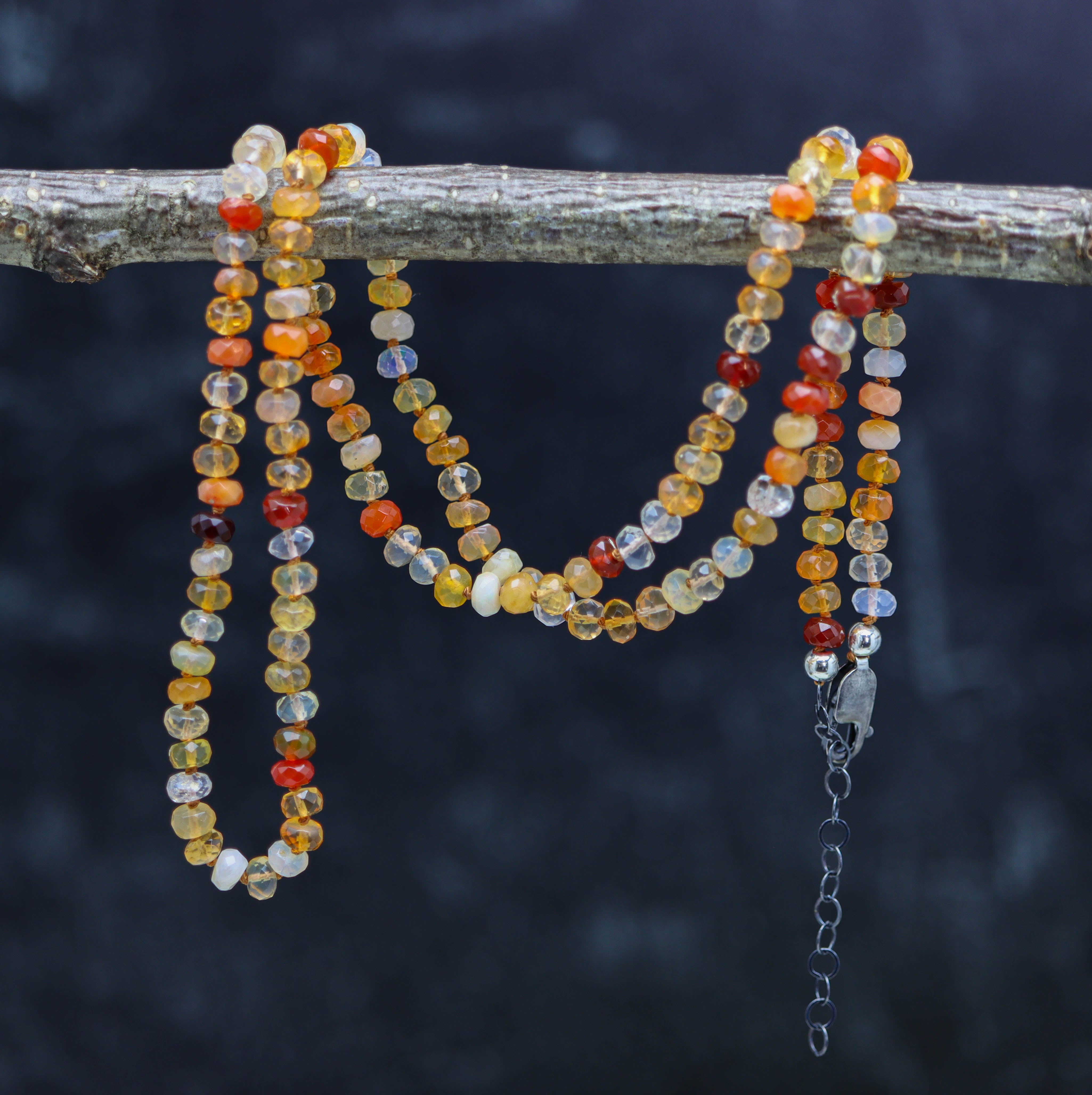 Mexican Fire Opal Hand Knotted Bead Necklace Sterling Silver