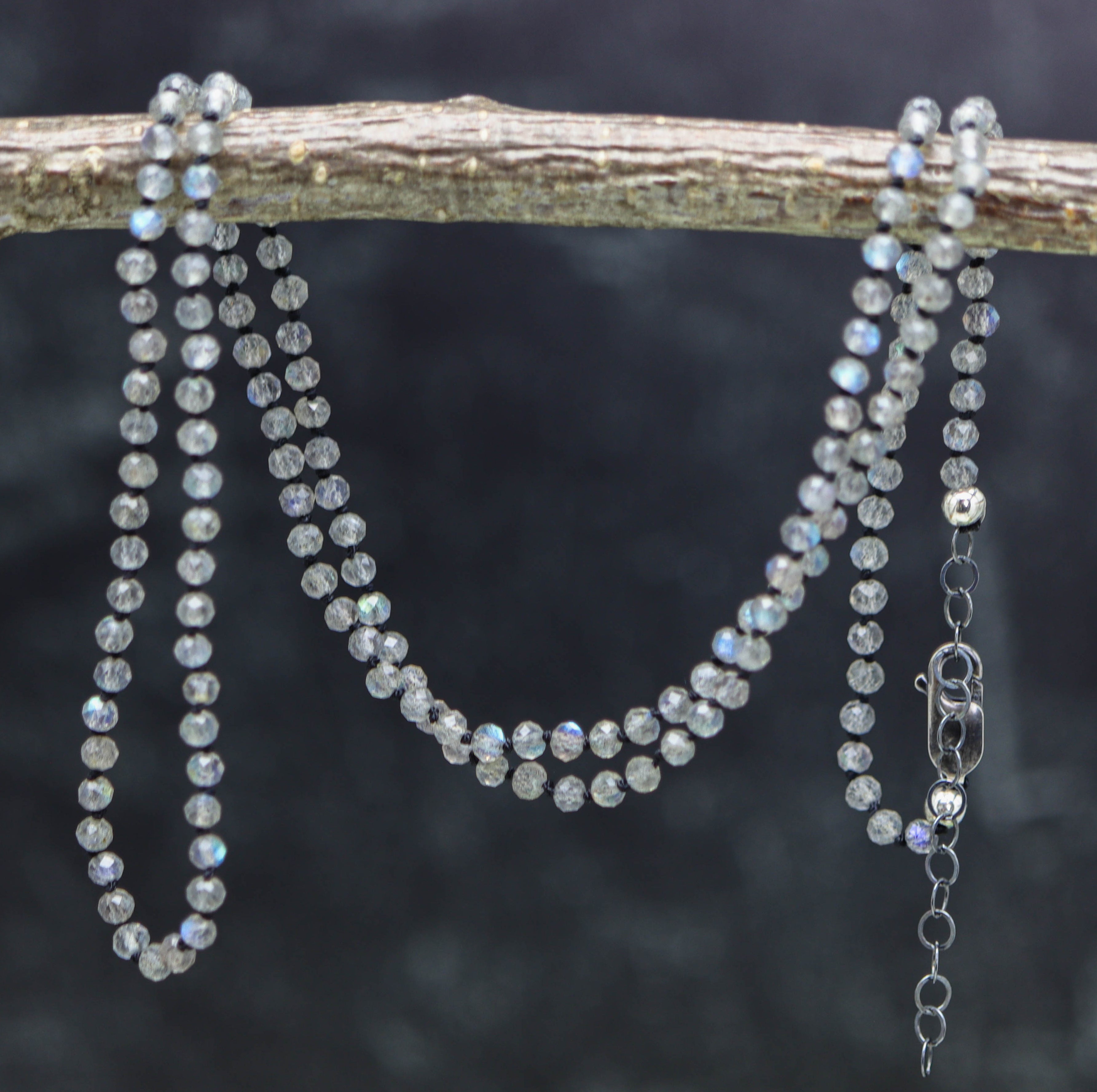 Sparkly Labradorite Hand Knotted Bead Necklace Sterling Silver